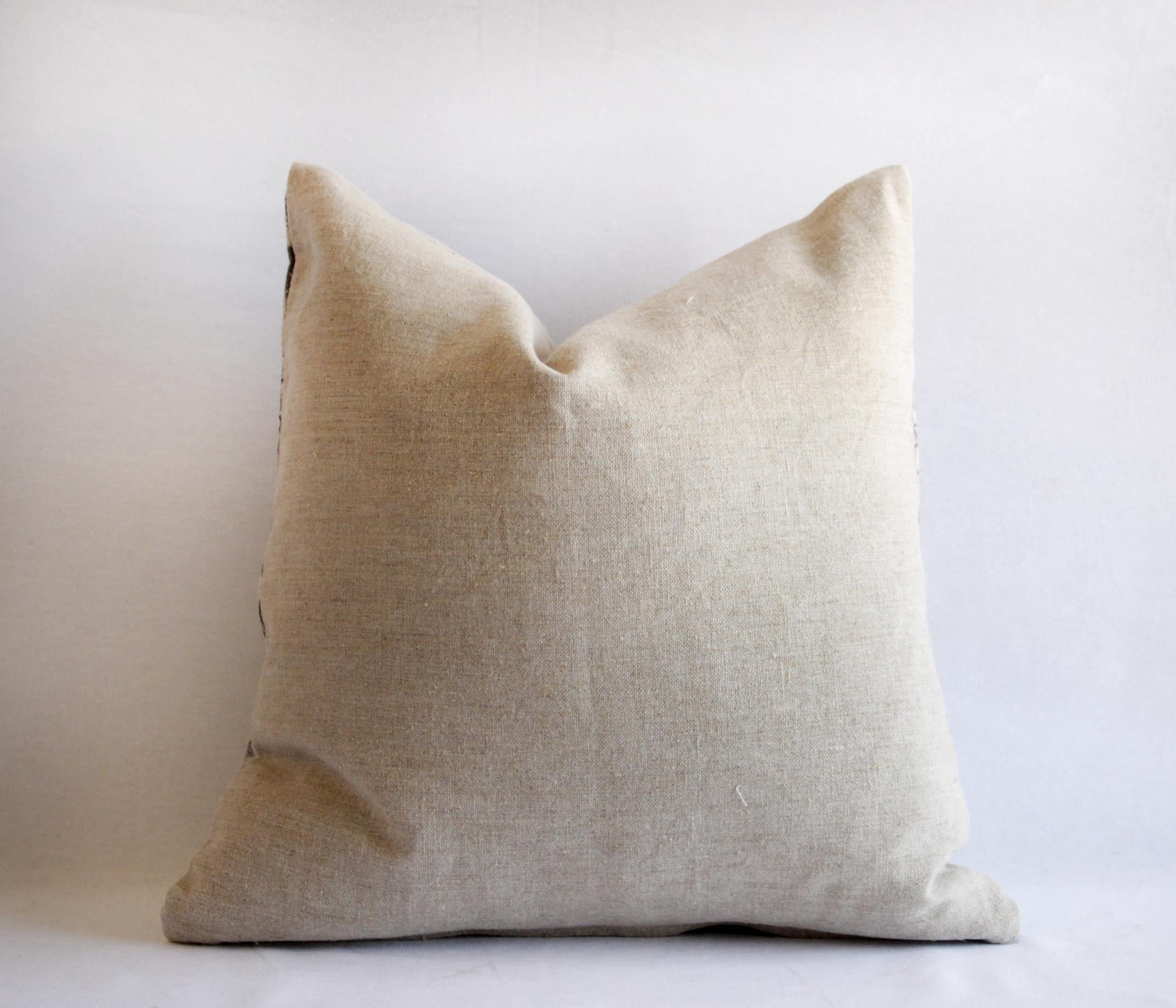 Asian Vintage Batik Accent Pillow Charcoal and Natural Linen