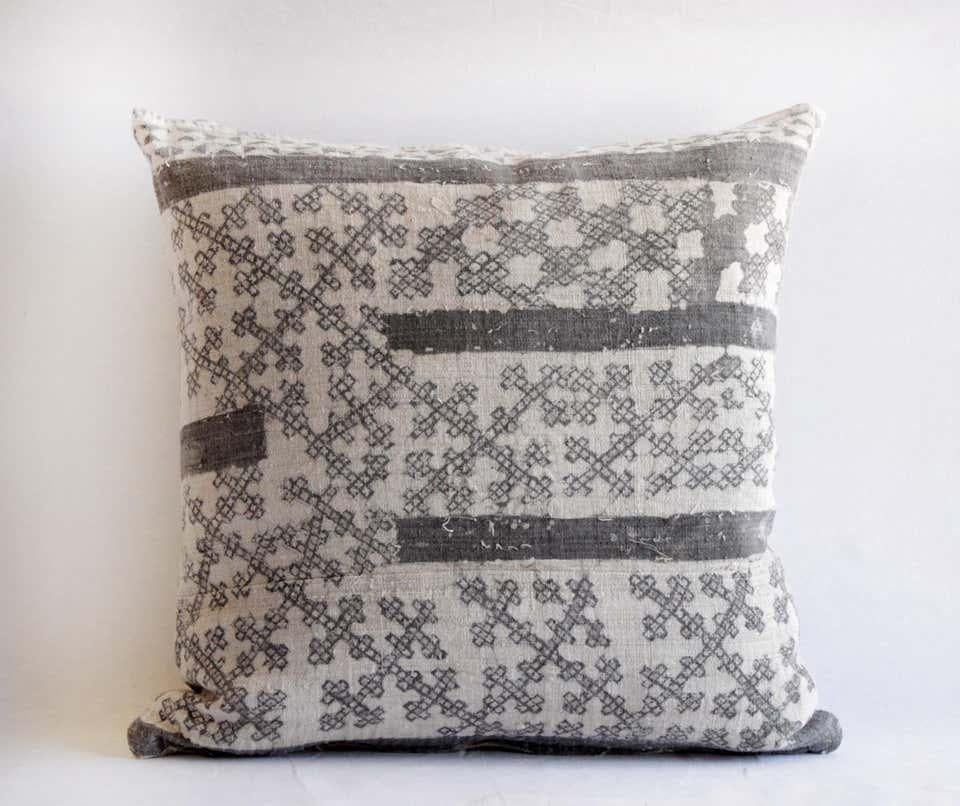 Asian Vintage Batik Accent Pillow Charcoal and Natural Linen For Sale