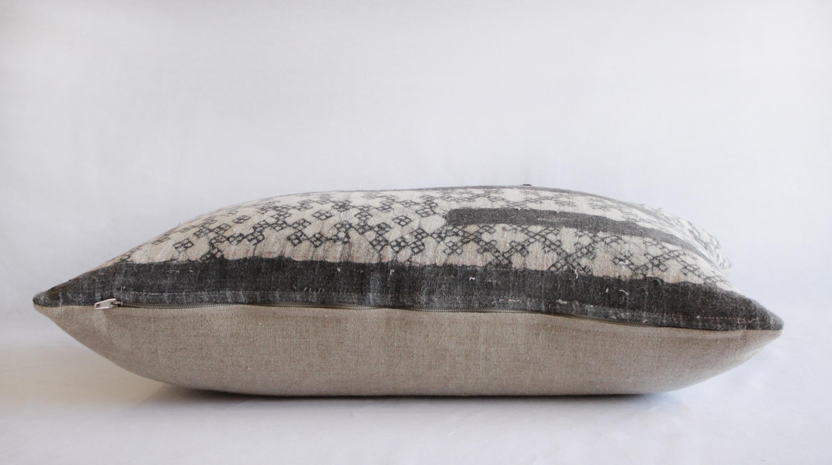 Vintage Batik Accent Pillow Charcoal and Natural Linen In Good Condition In Brea, CA