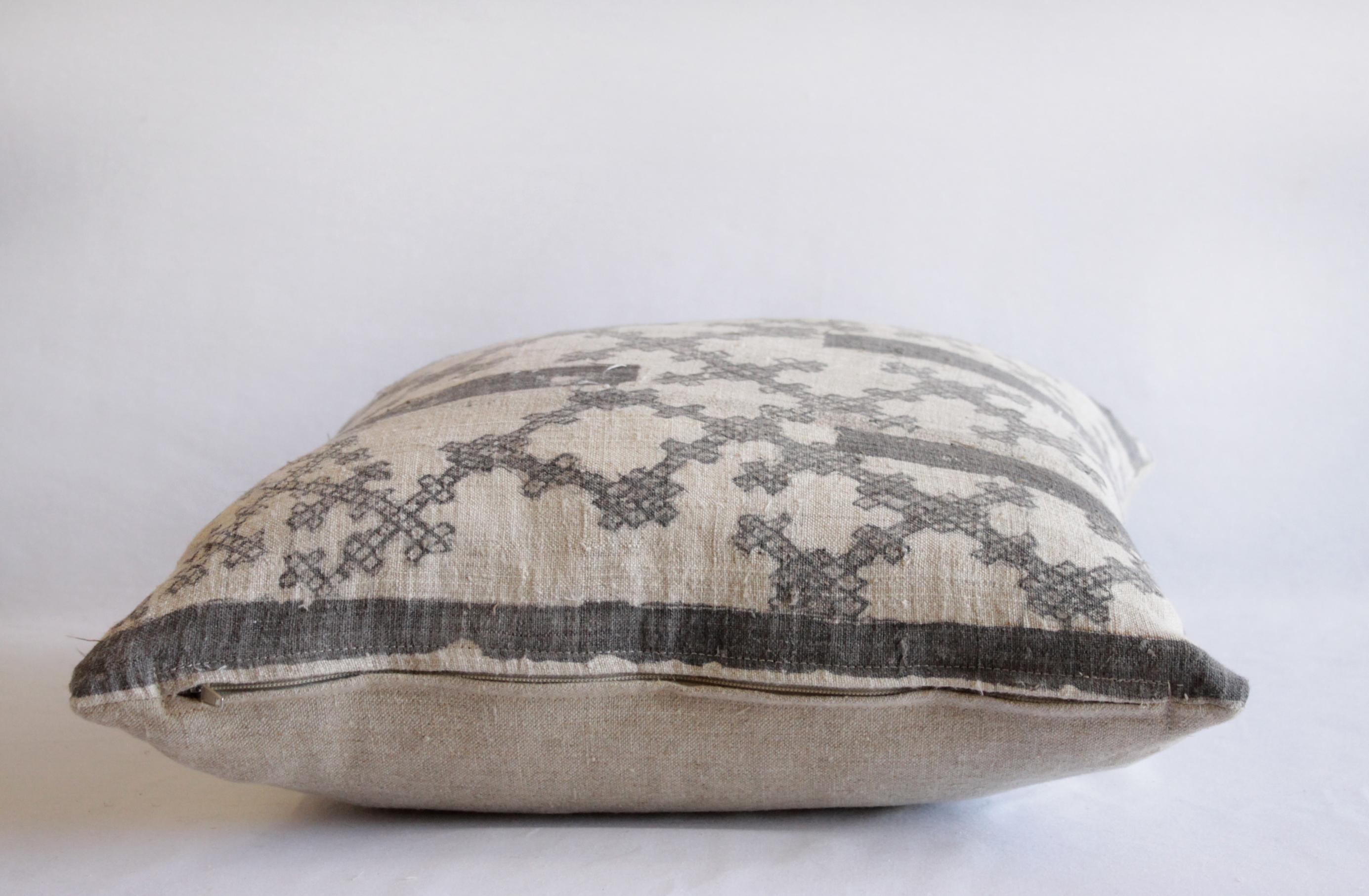 Vintage Batik Accent Pillow Charcoal and Natural Linen In Good Condition In Brea, CA