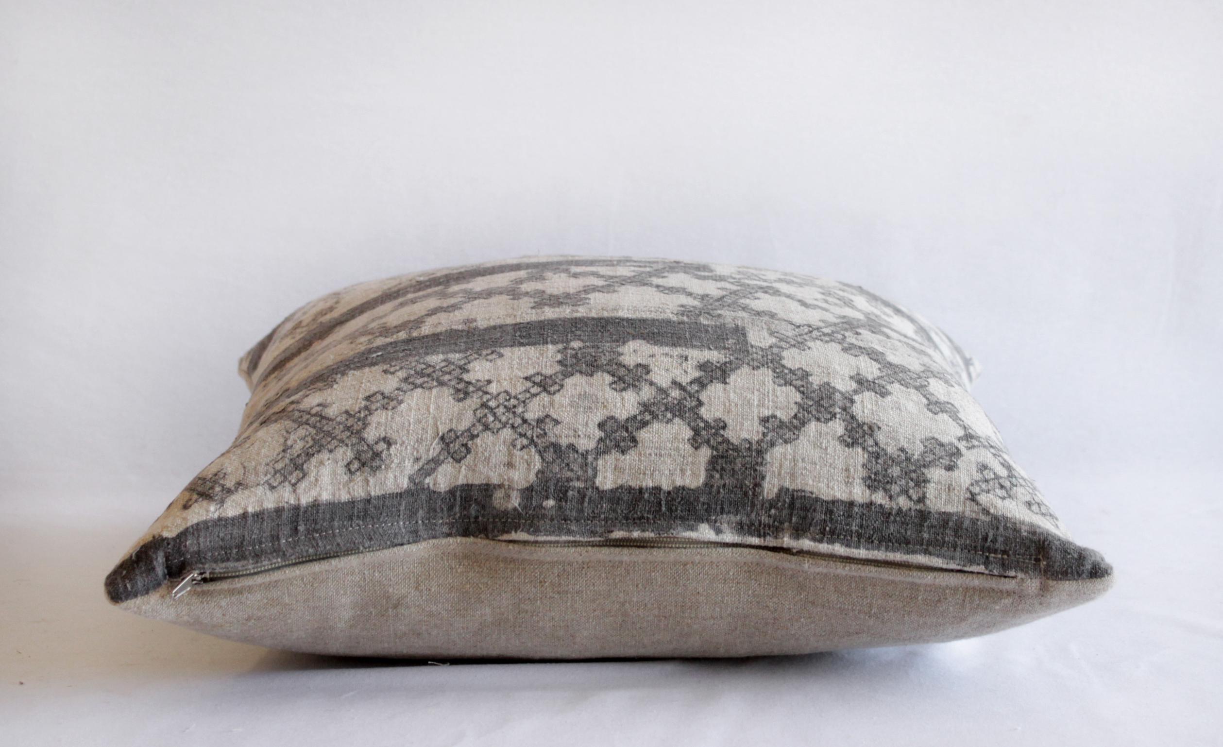 Vintage Batik Accent Pillow Charcoal and Natural Linen In Good Condition In Brea, CA