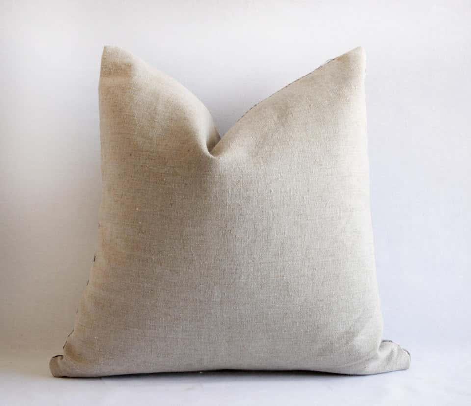 Vintage Batik Accent Pillow Charcoal and Natural Linen In Good Condition For Sale In Brea, CA
