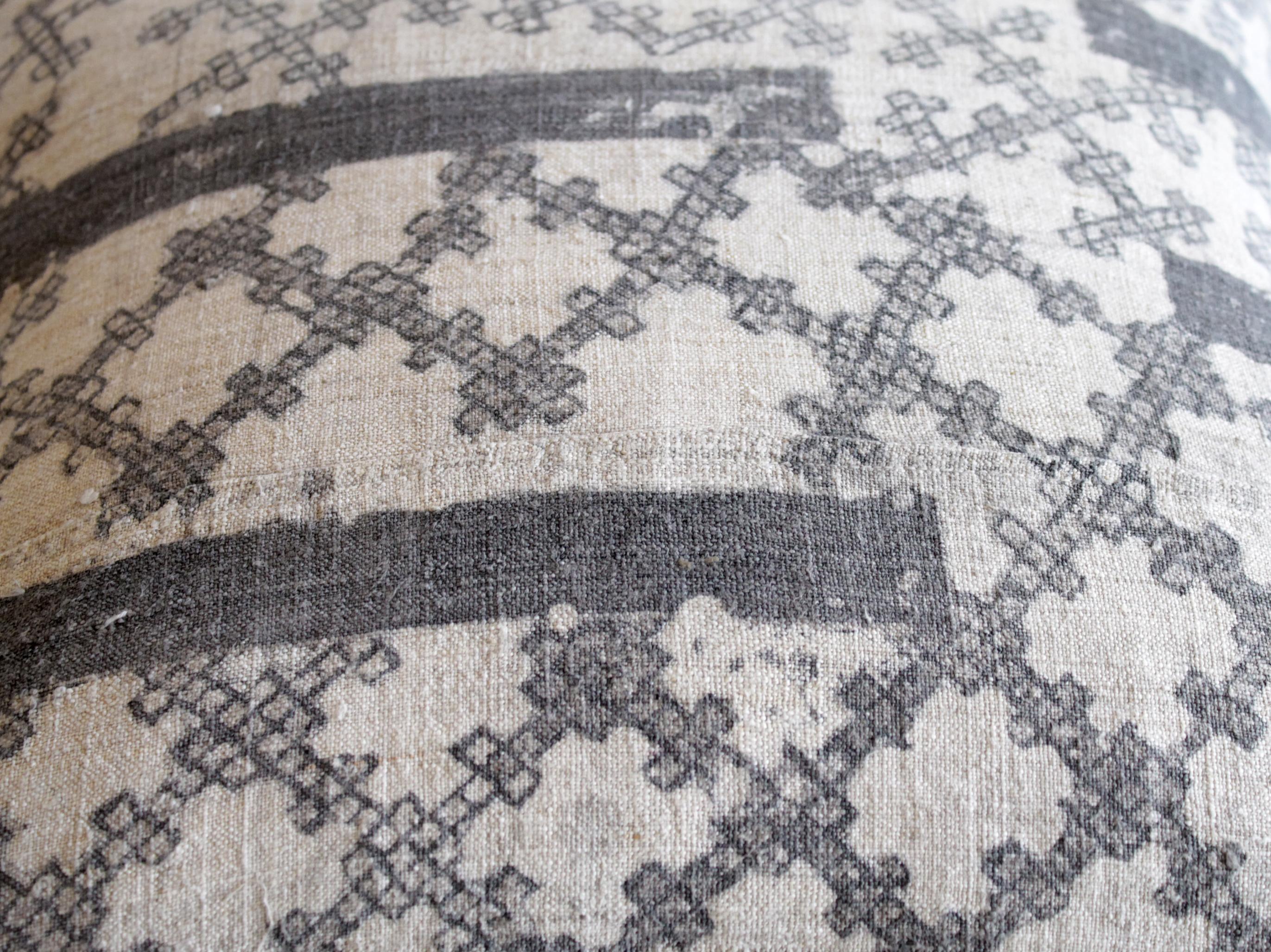 20th Century Vintage Batik Accent Pillow Charcoal and Natural Linen