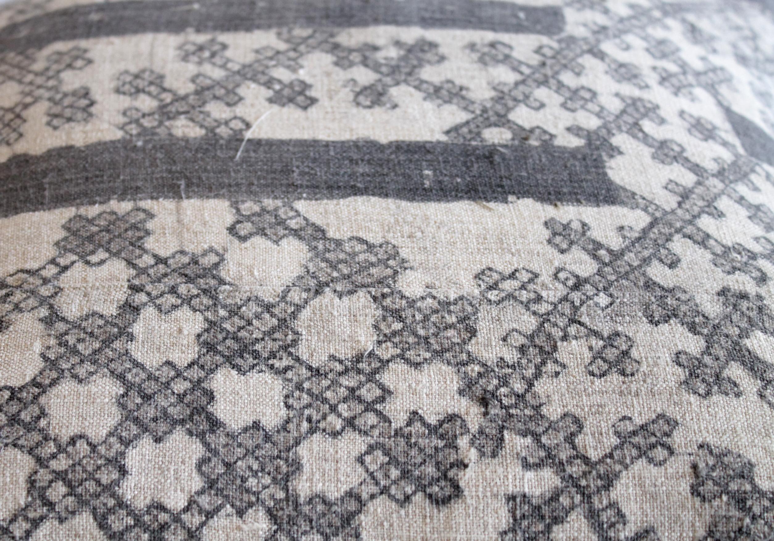 20th Century Vintage Batik Accent Pillow Charcoal and Natural Linen