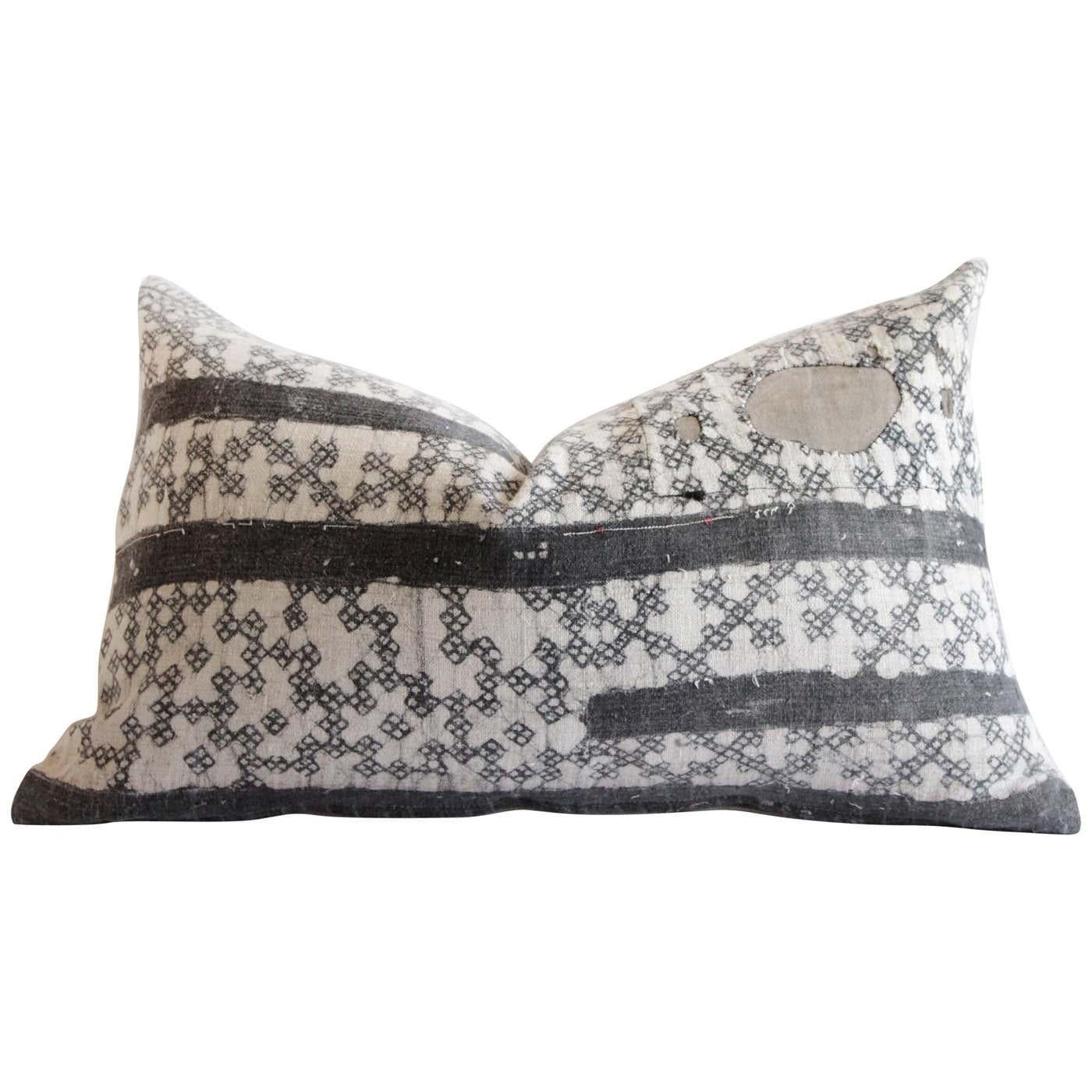 20th Century Vintage Batik Accent Pillow Charcoal and Natural Linen