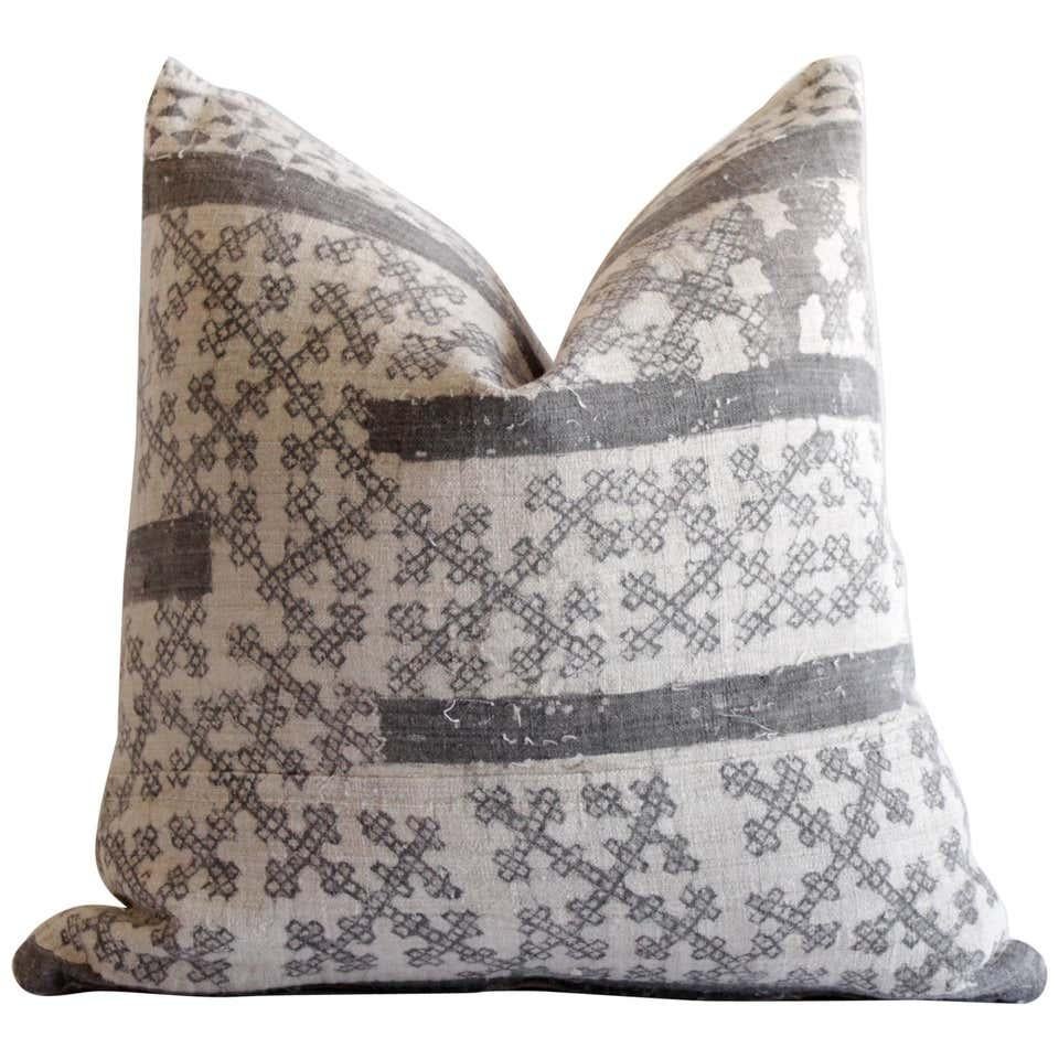 20th Century Vintage Batik Accent Pillow Charcoal and Natural Linen For Sale