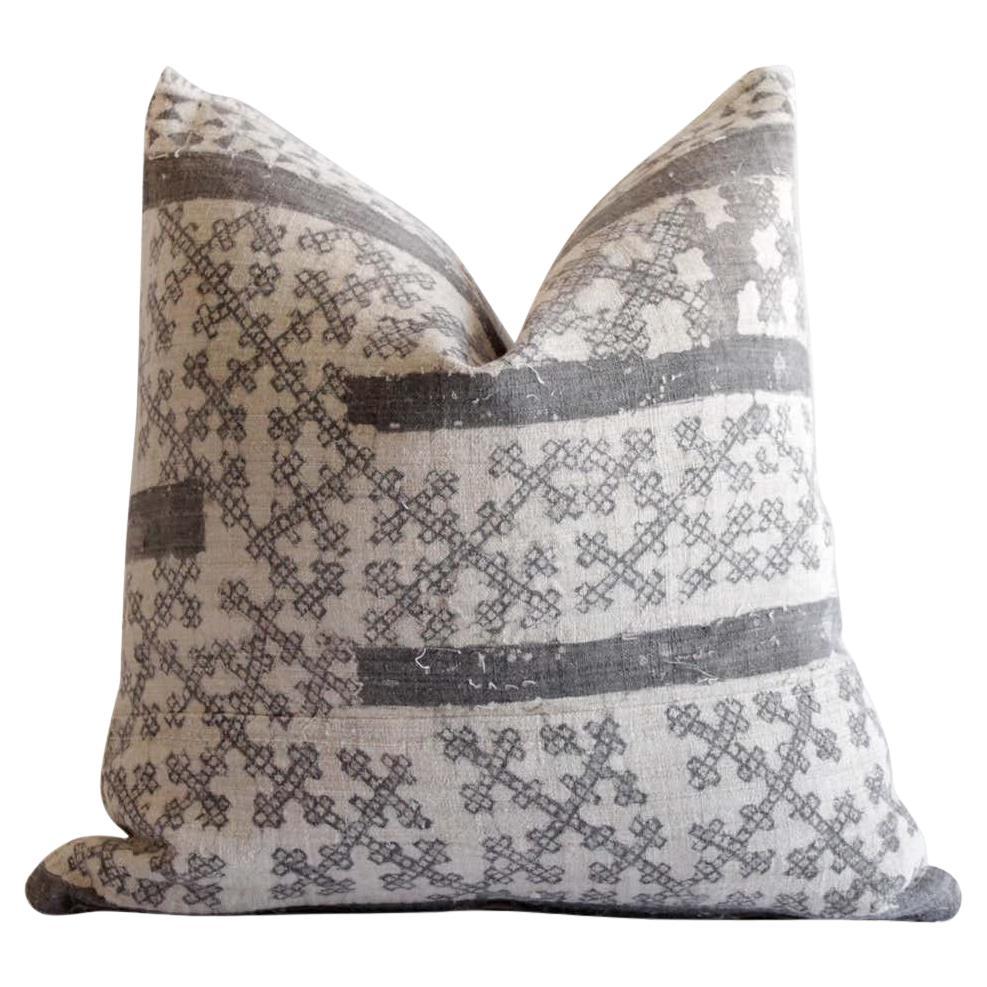 Vintage Batik Accent Pillow Charcoal and Natural Linen For Sale