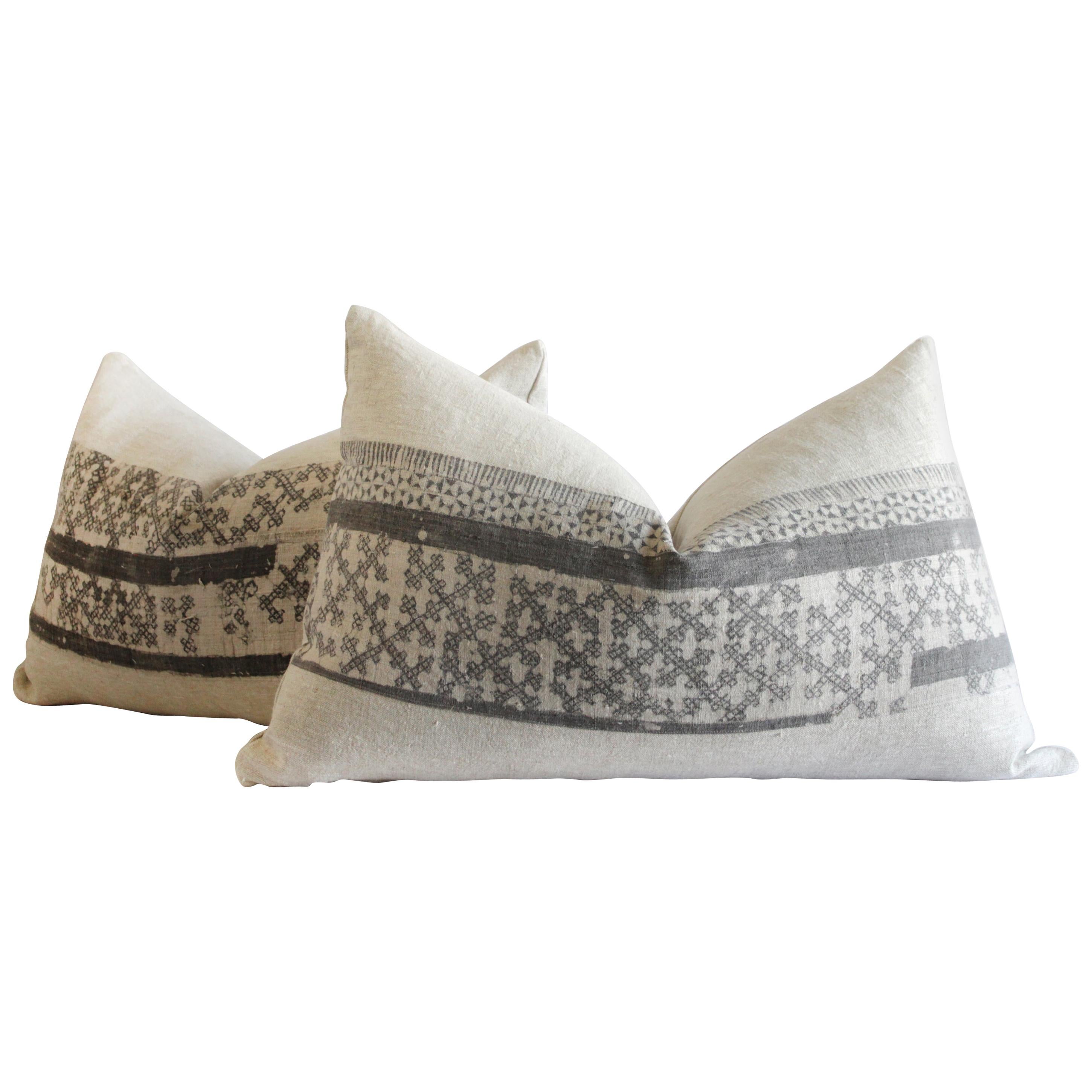 Vintage Batik and Linen Custom Lumbar Pillows