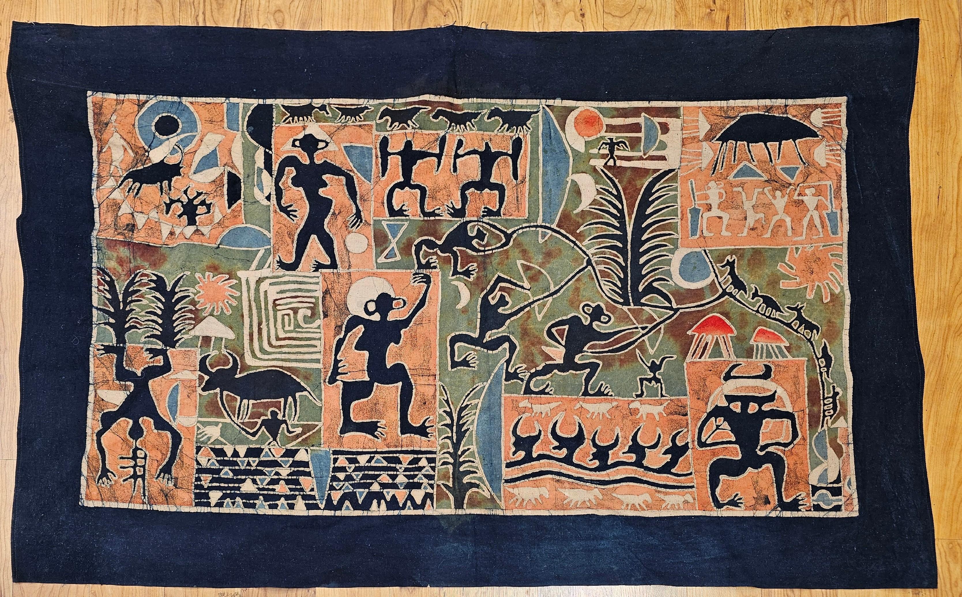 Asiatische Batik-Stoffmalerei im Vintage-Stil - Tribal Folk Wall Art in Indigo, Ziegelrot im Angebot 3