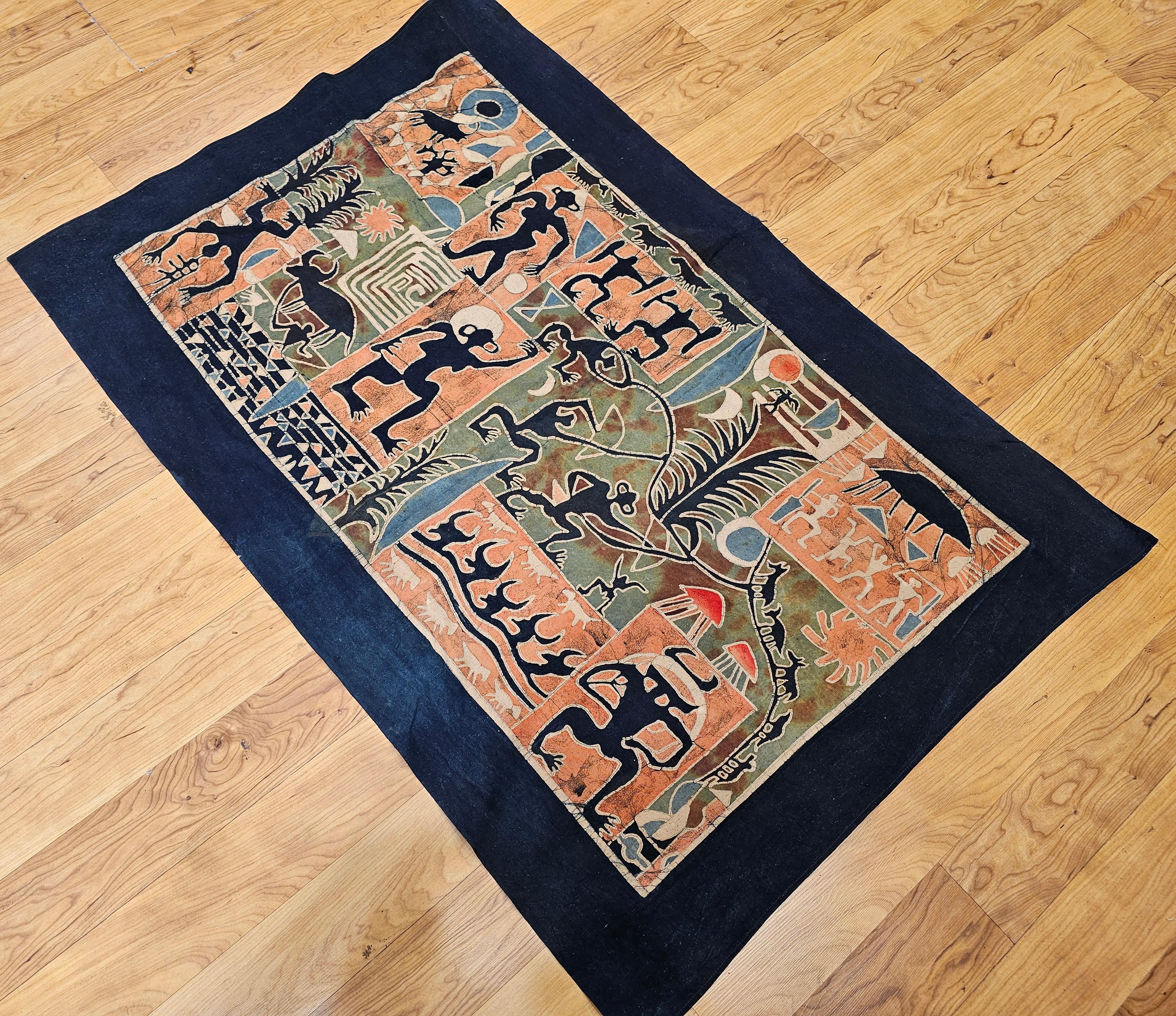 Asiatische Batik-Stoffmalerei im Vintage-Stil - Tribal Folk Wall Art in Indigo, Ziegelrot im Angebot 4