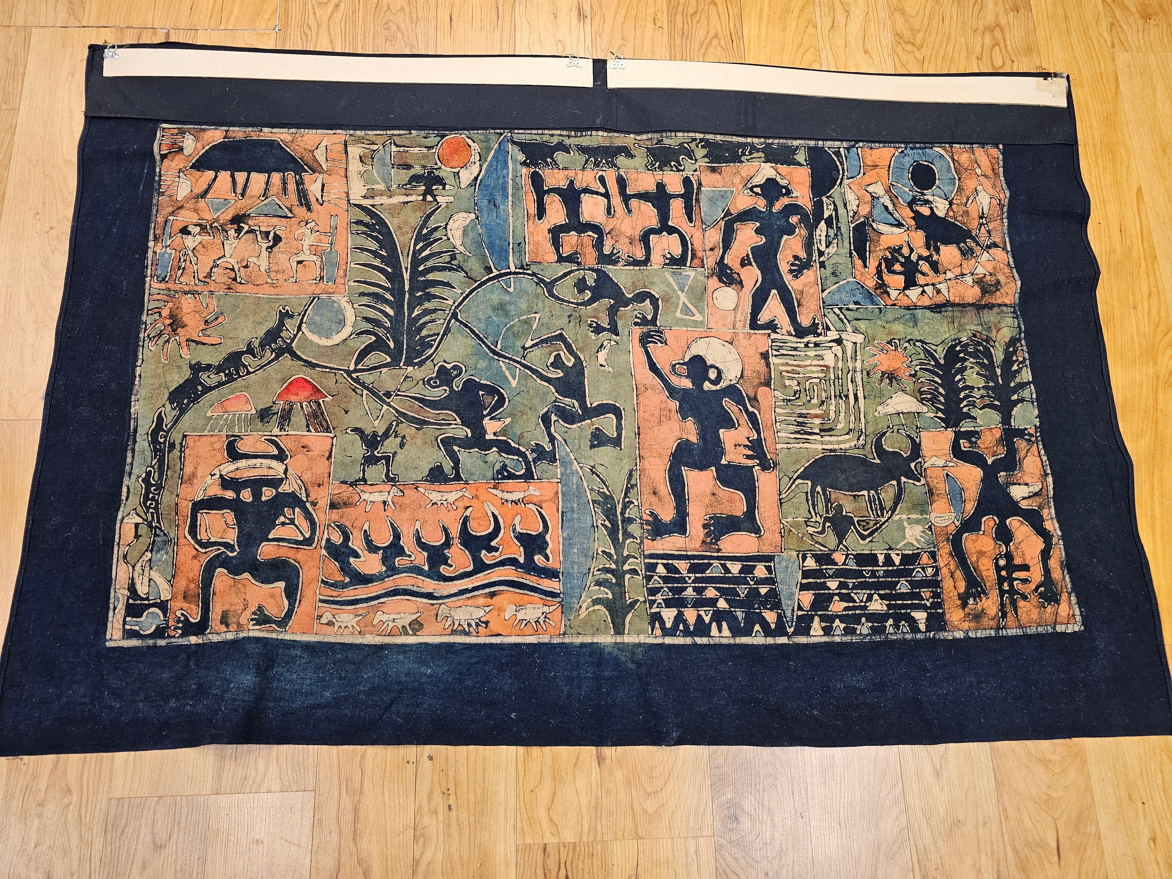 Asiatische Batik-Stoffmalerei im Vintage-Stil - Tribal Folk Wall Art in Indigo, Ziegelrot im Angebot 5