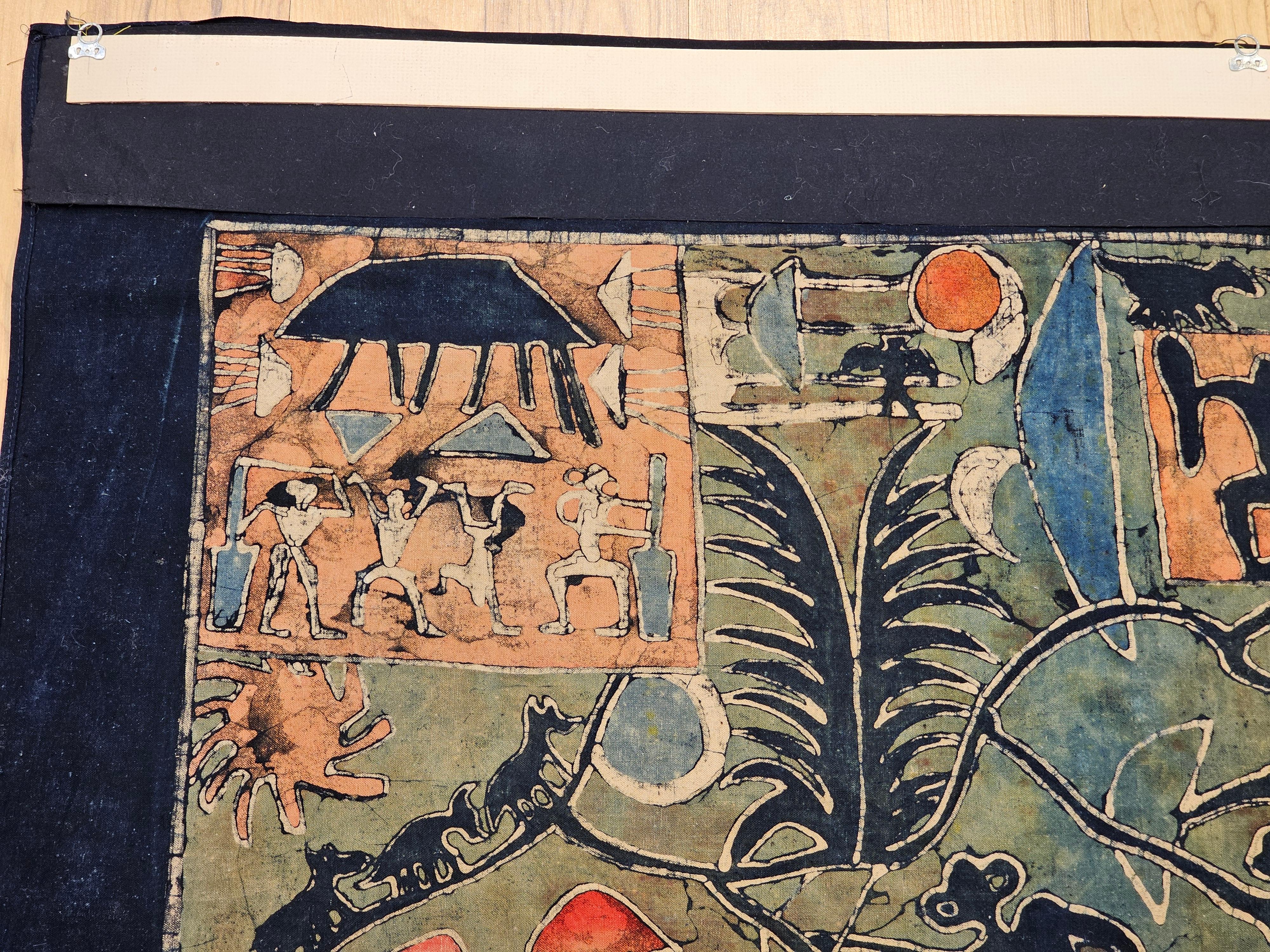Asiatische Batik-Stoffmalerei im Vintage-Stil - Tribal Folk Wall Art in Indigo, Ziegelrot im Angebot 6