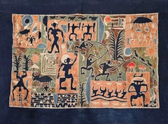 Vintage Asian Batik Fabric Painting – Tribal Folk Wall Art in Indigo, Brick Red