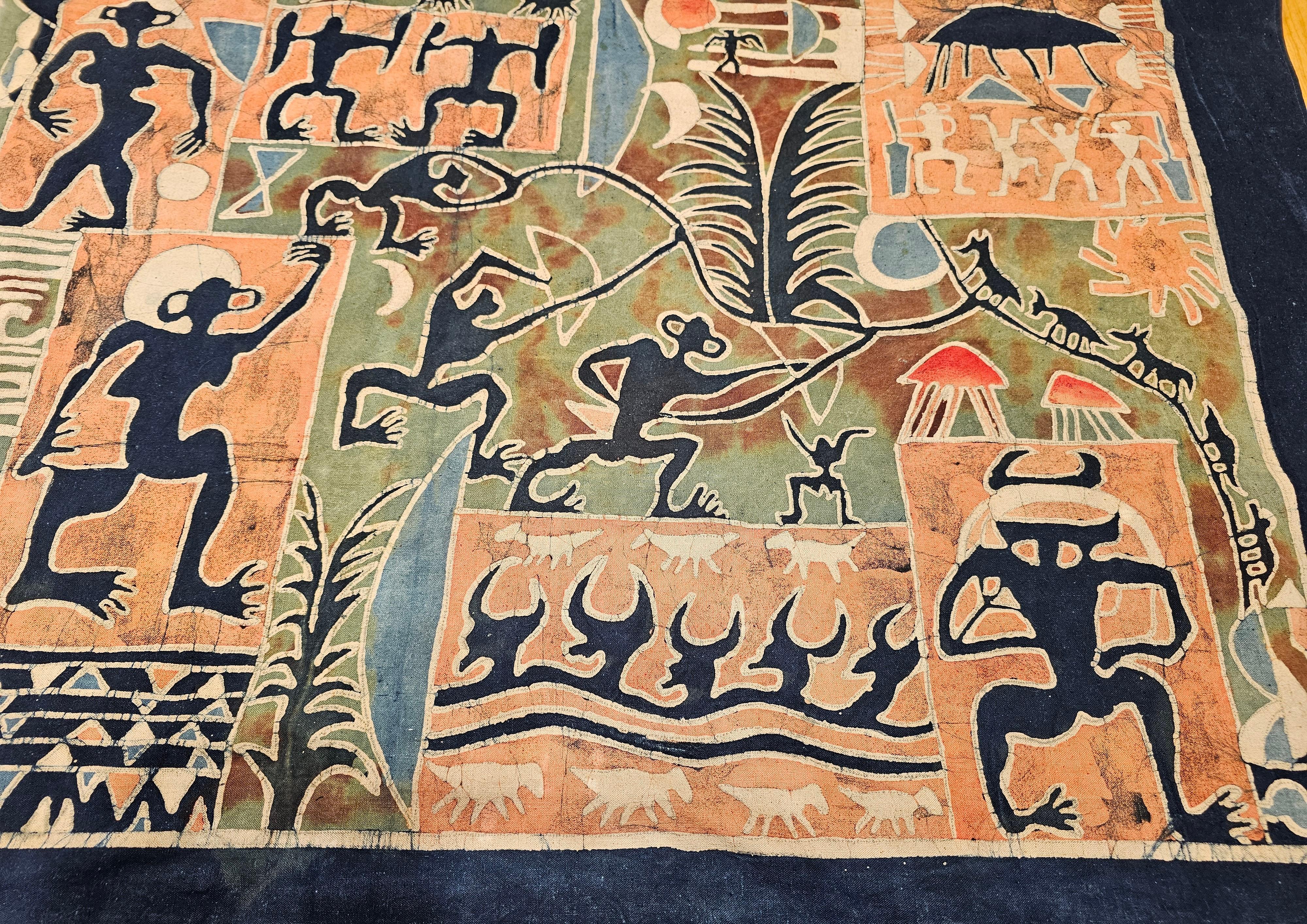 Asiatische Batik-Stoffmalerei im Vintage-Stil - Tribal Folk Wall Art in Indigo, Ziegelrot im Zustand „Gut“ im Angebot in Barrington, IL