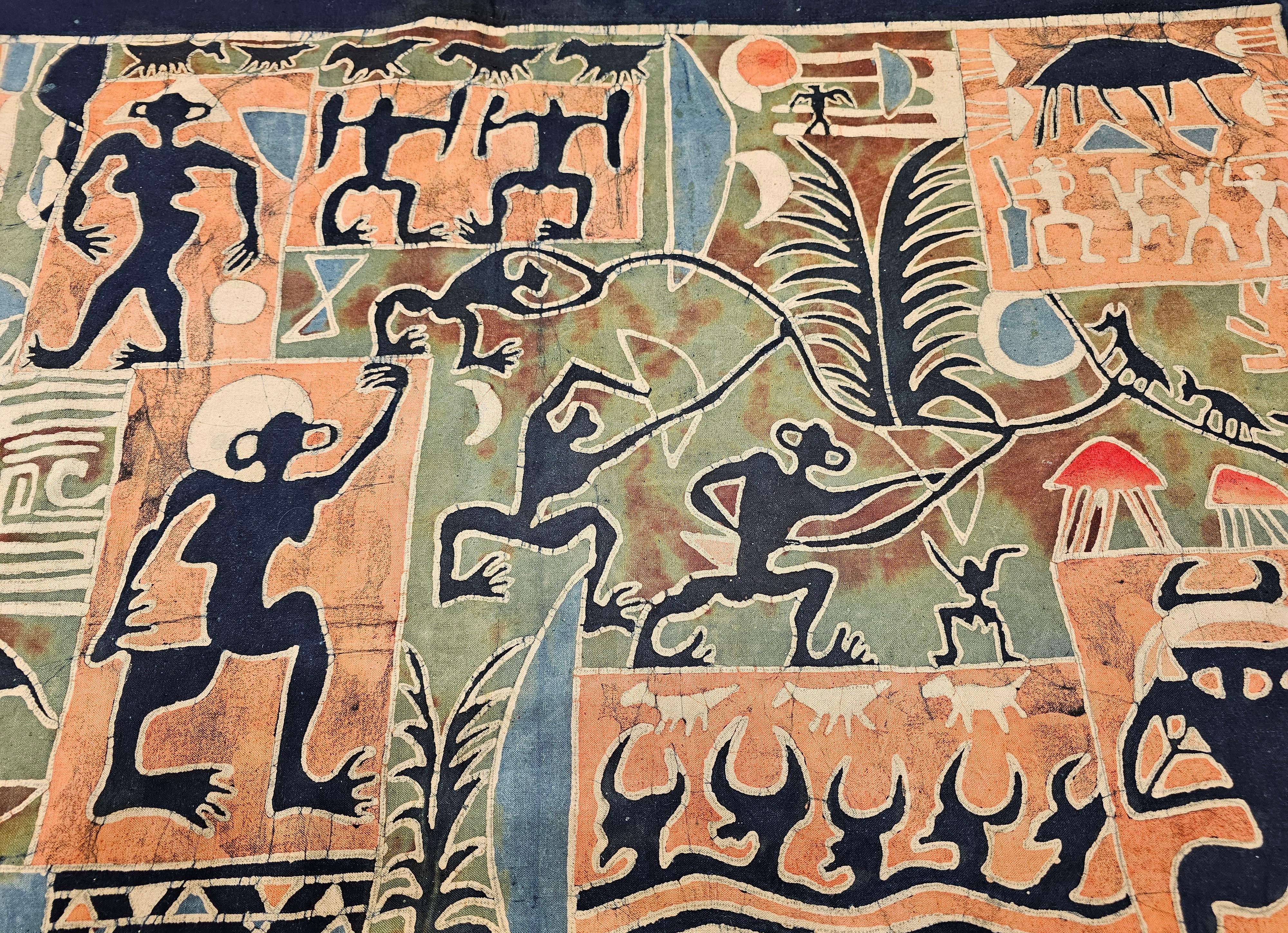 Asiatische Batik-Stoffmalerei im Vintage-Stil - Tribal Folk Wall Art in Indigo, Ziegelrot (20. Jahrhundert) im Angebot