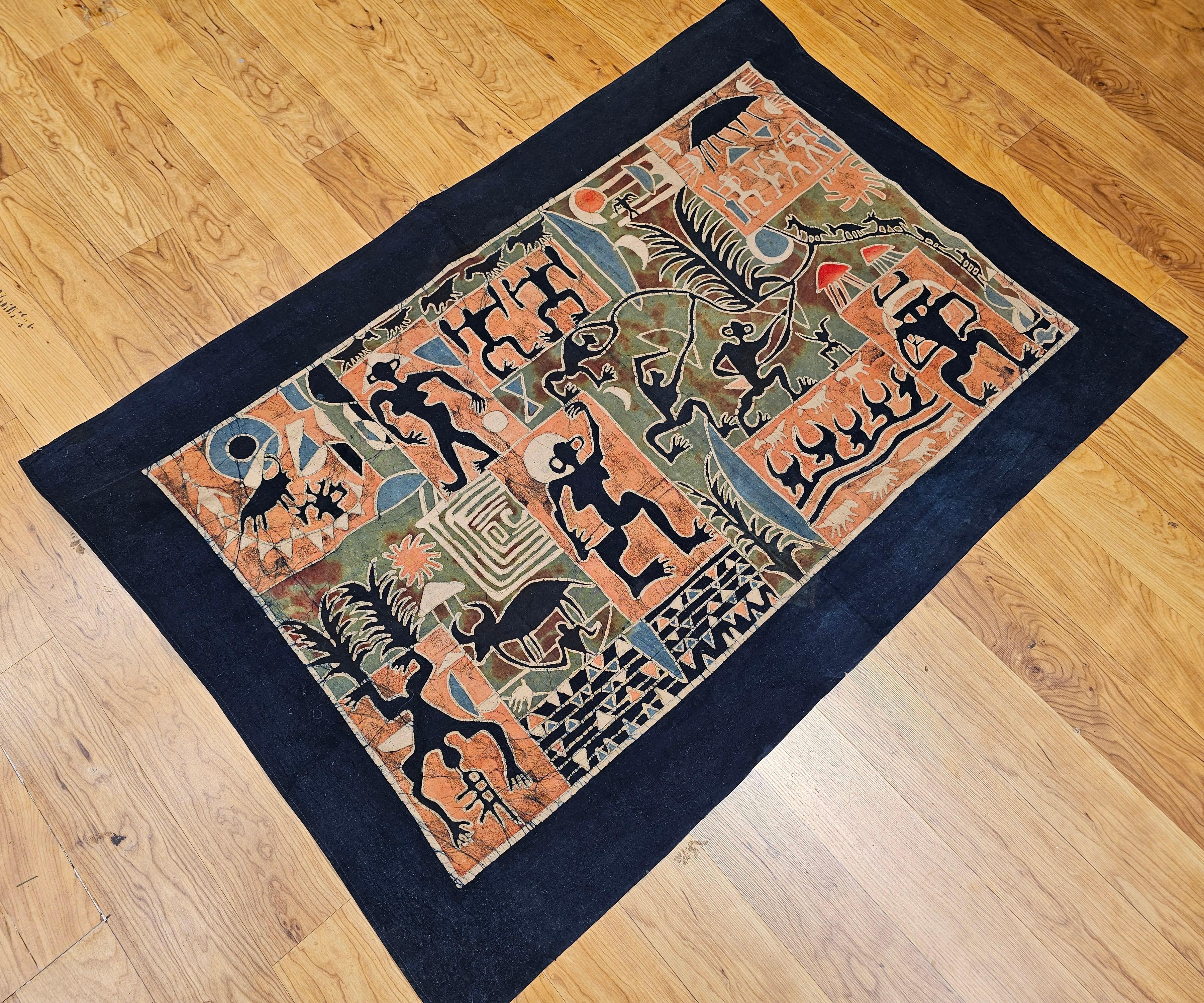 Asiatische Batik-Stoffmalerei im Vintage-Stil - Tribal Folk Wall Art in Indigo, Ziegelrot im Angebot 1
