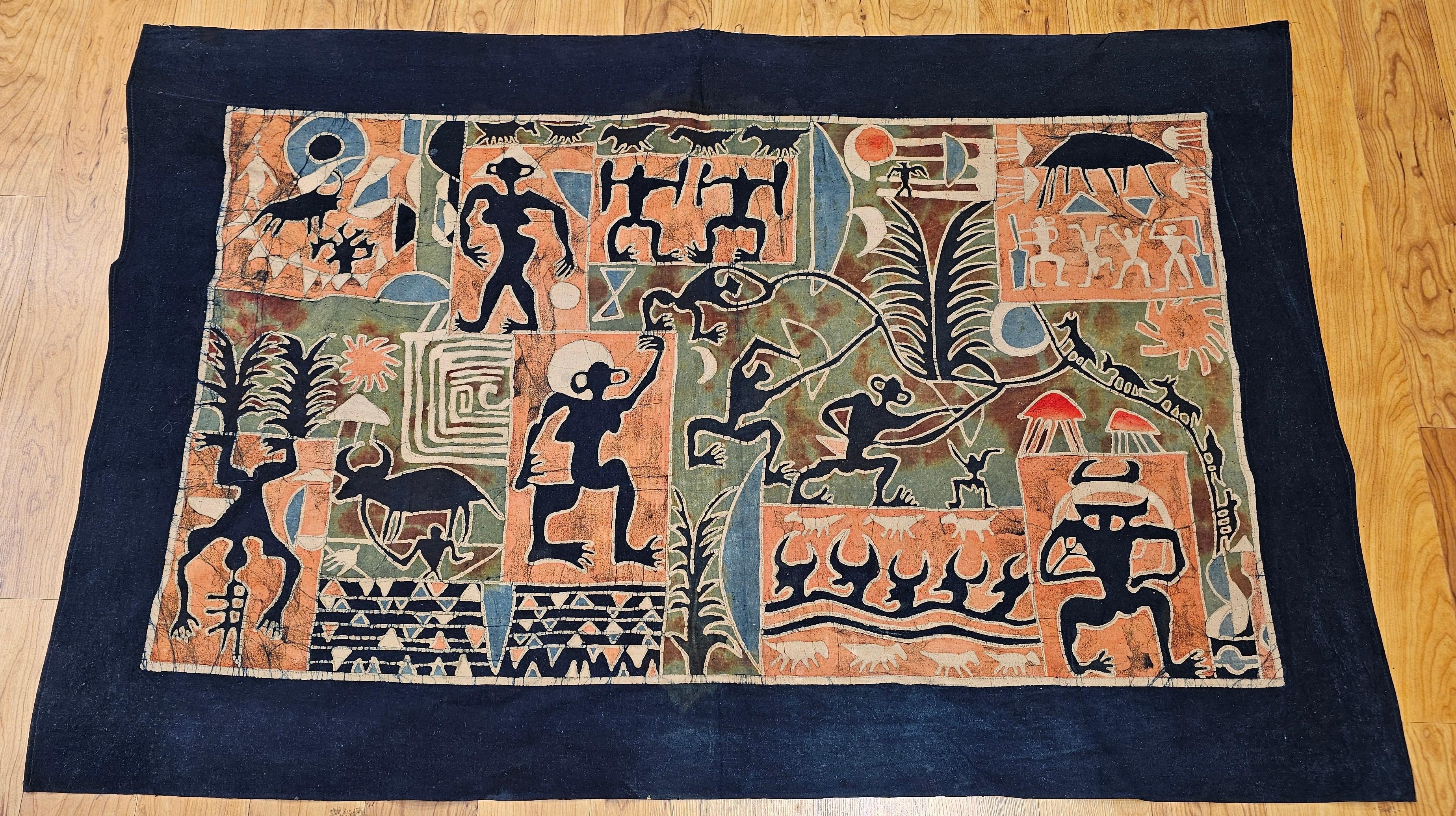 Asiatische Batik-Stoffmalerei im Vintage-Stil - Tribal Folk Wall Art in Indigo, Ziegelrot im Angebot 2