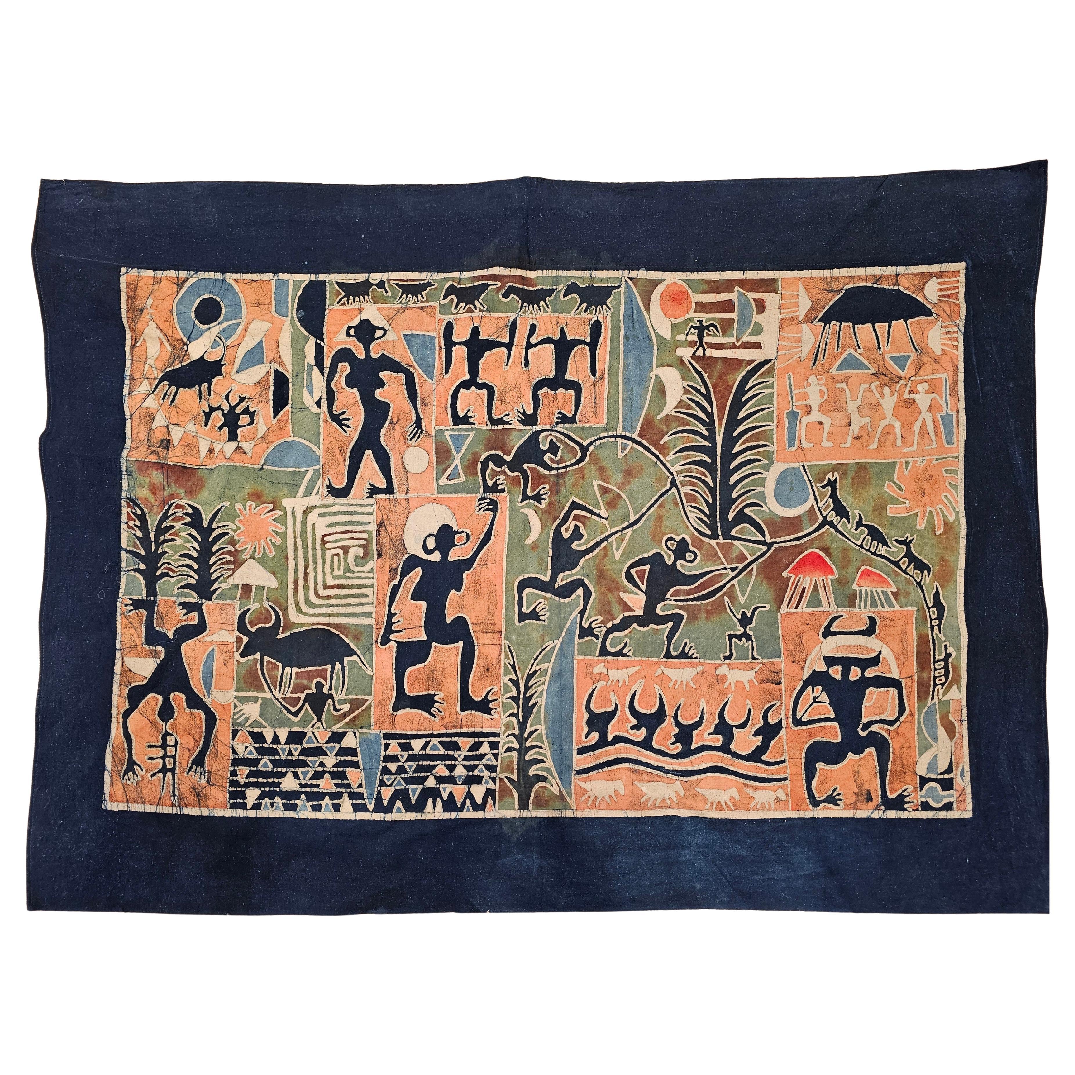 Asiatische Batik-Stoffmalerei im Vintage-Stil - Tribal Folk Wall Art in Indigo, Ziegelrot im Angebot