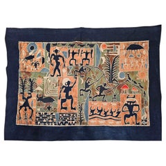 Vintage Asian Batik Fabric Painting – Tribal Folk Wall Art in Indigo, Brick Red