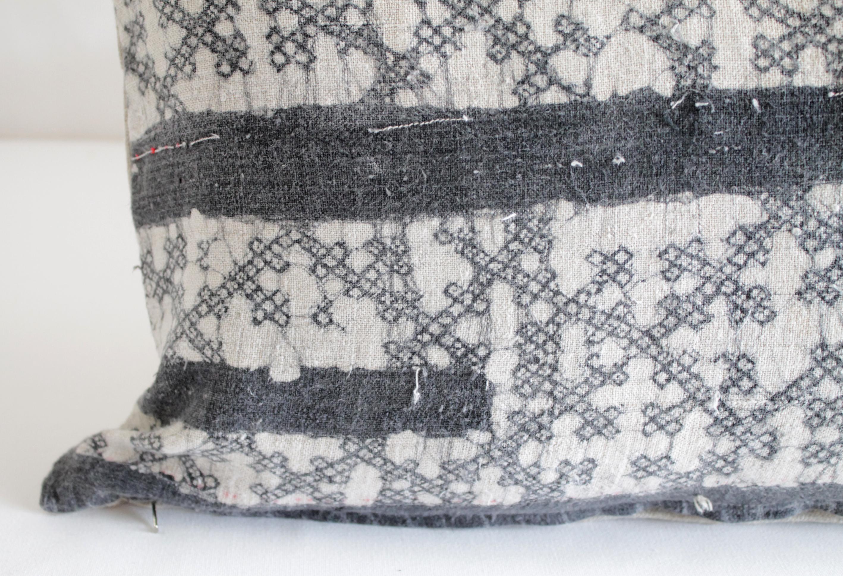 Contemporary Vintage Batik Lumbar Accent Pillow in Dark Grey Black with Natural Linen