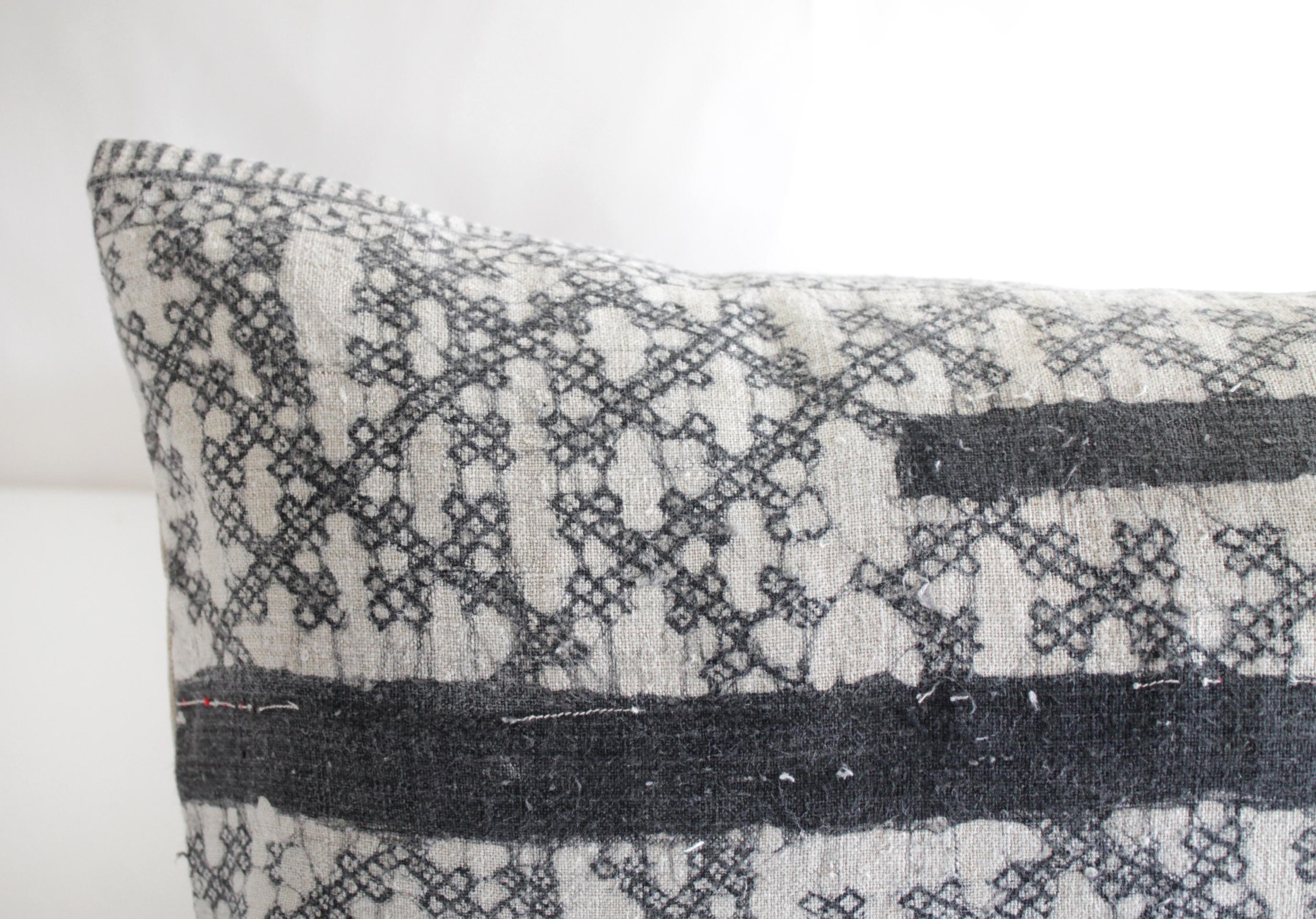 Vintage Batik Lumbar Accent Pillow in Dark Grey Black with Natural Linen 1