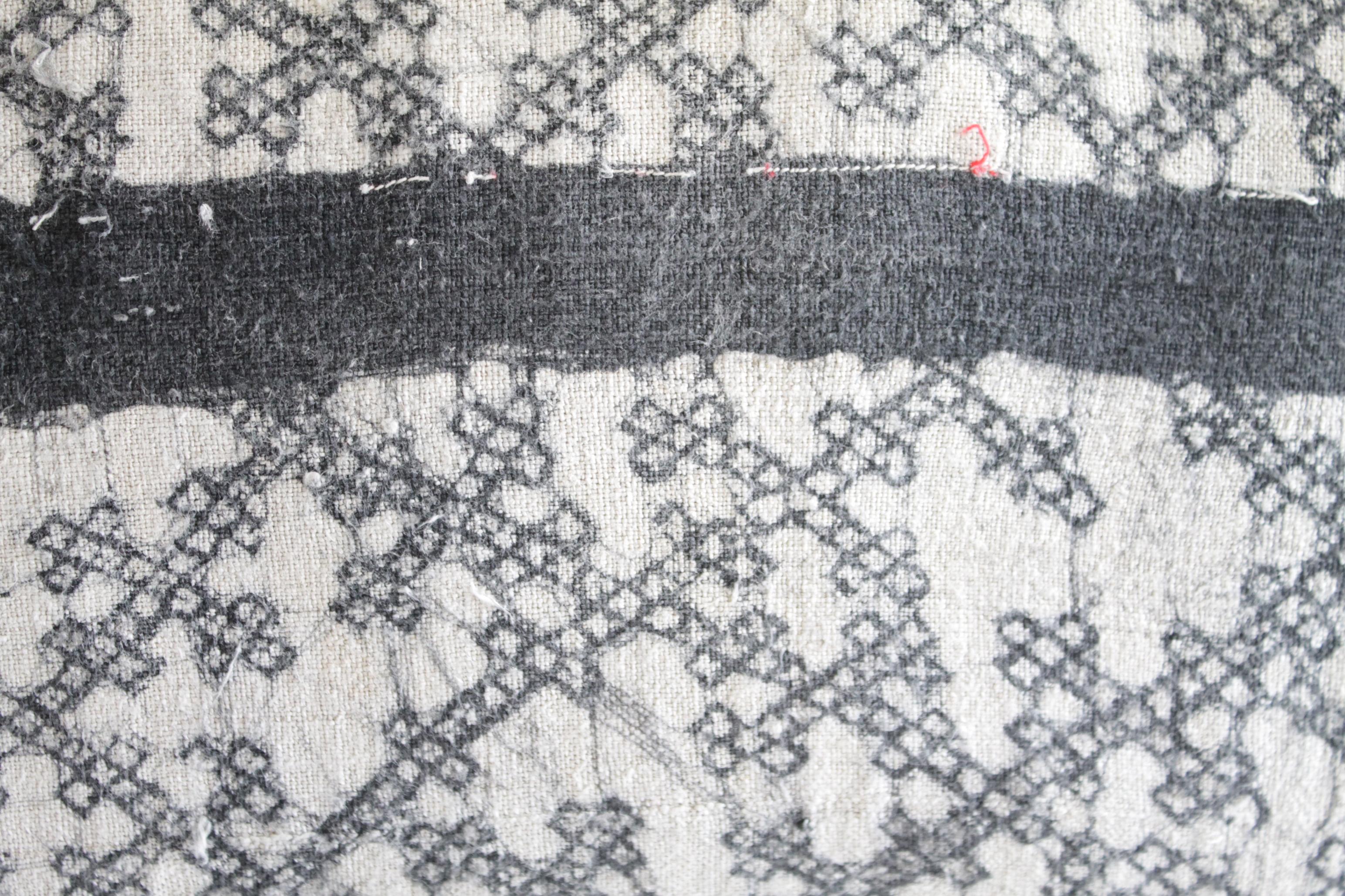 Vintage Batik Lumbar Accent Pillow in Dark Grey Black with Natural Linen 2