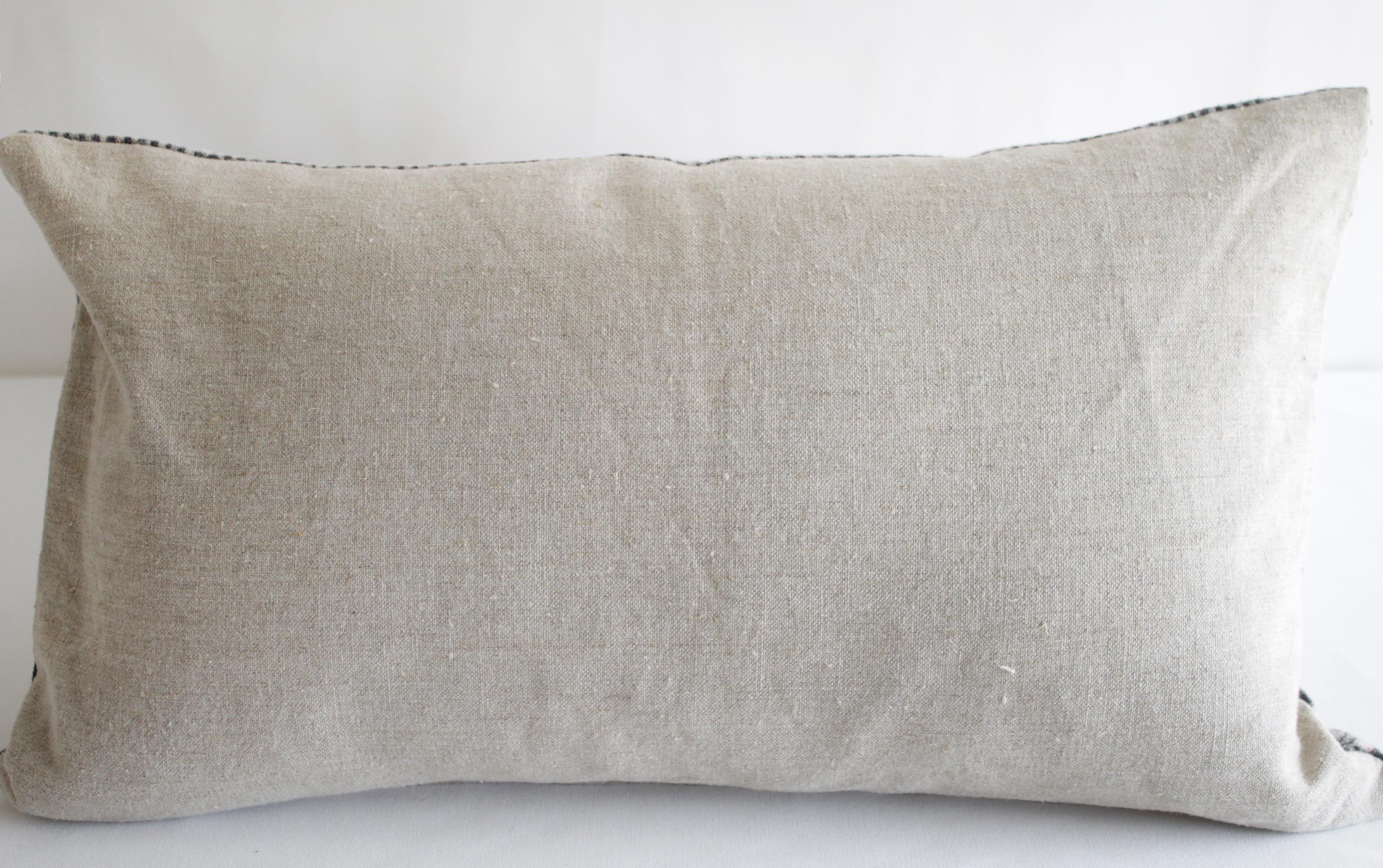 Vintage Batik Lumbar Accent Pillow in Dark Grey Black with Natural Linen 3