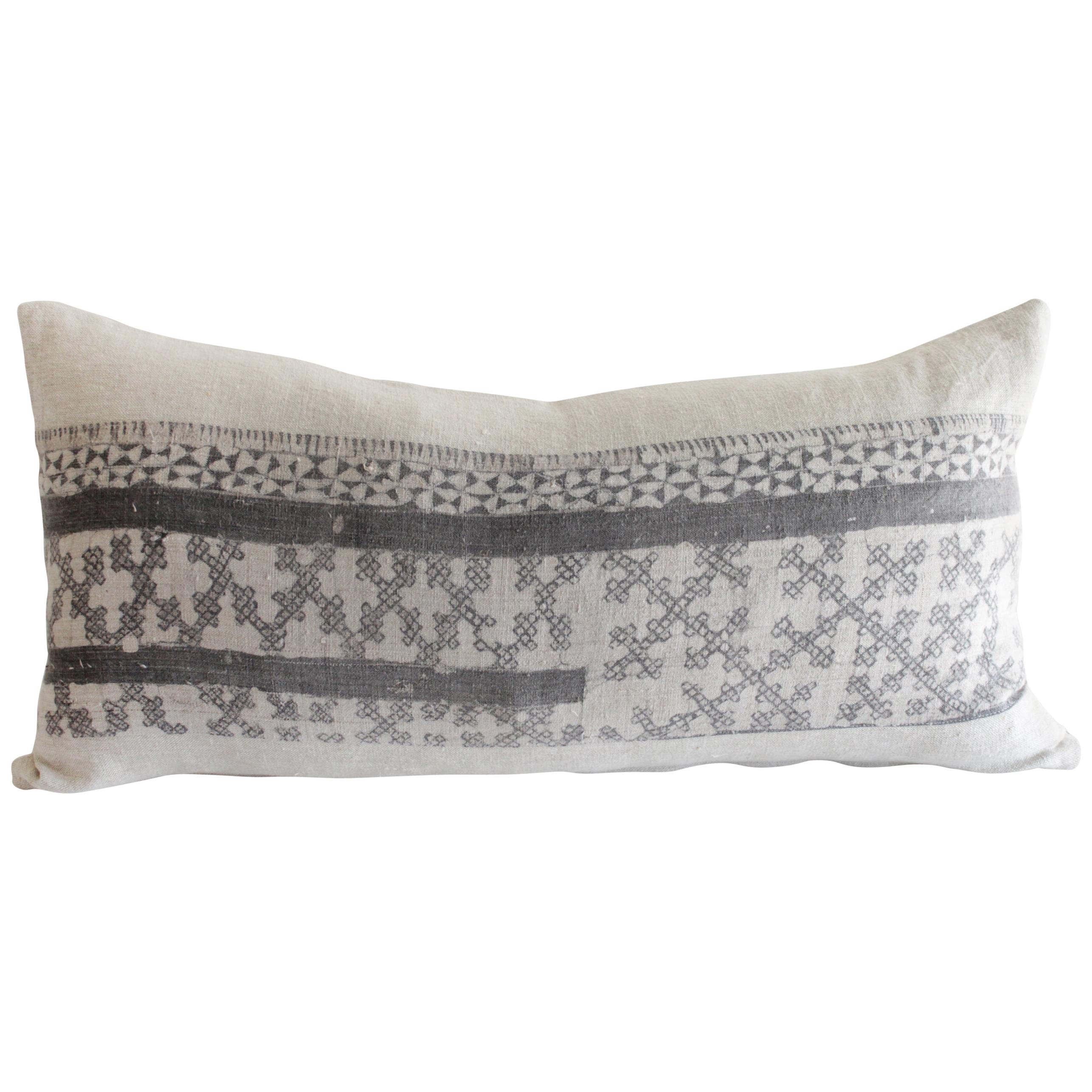 Vintage Batik Lumbar Accent Pillow in Dark Grey Black with Natural Linen