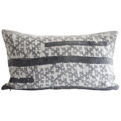 Vintage Batik Lumbar Accent Pillow in Dark Grey Black with Natural Linen