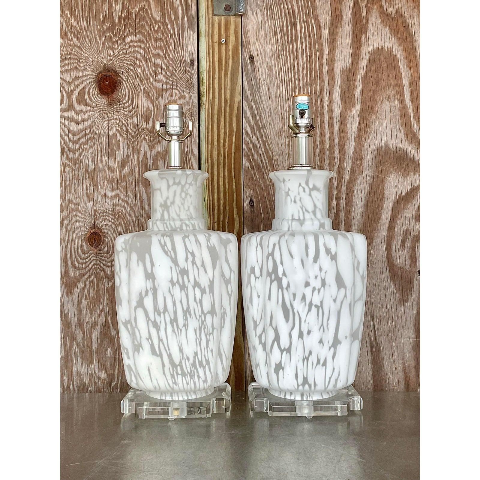 Hollywood Regency Vintage Bauer Frosted Glass Table Lamps - a Pair For Sale