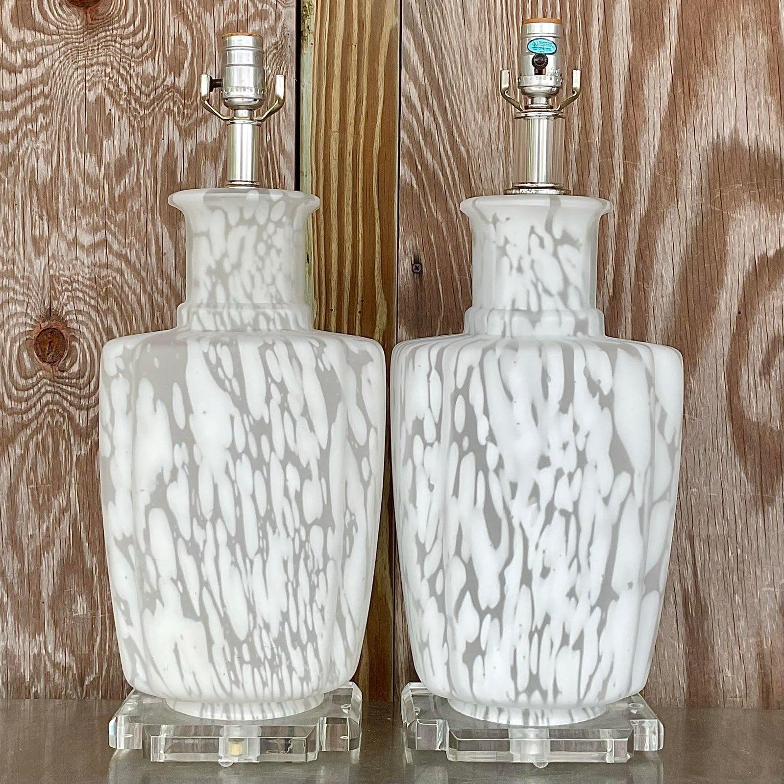 Vintage Bauer Frosted Glass Table Lamps - a Pair In Good Condition For Sale In west palm beach, FL