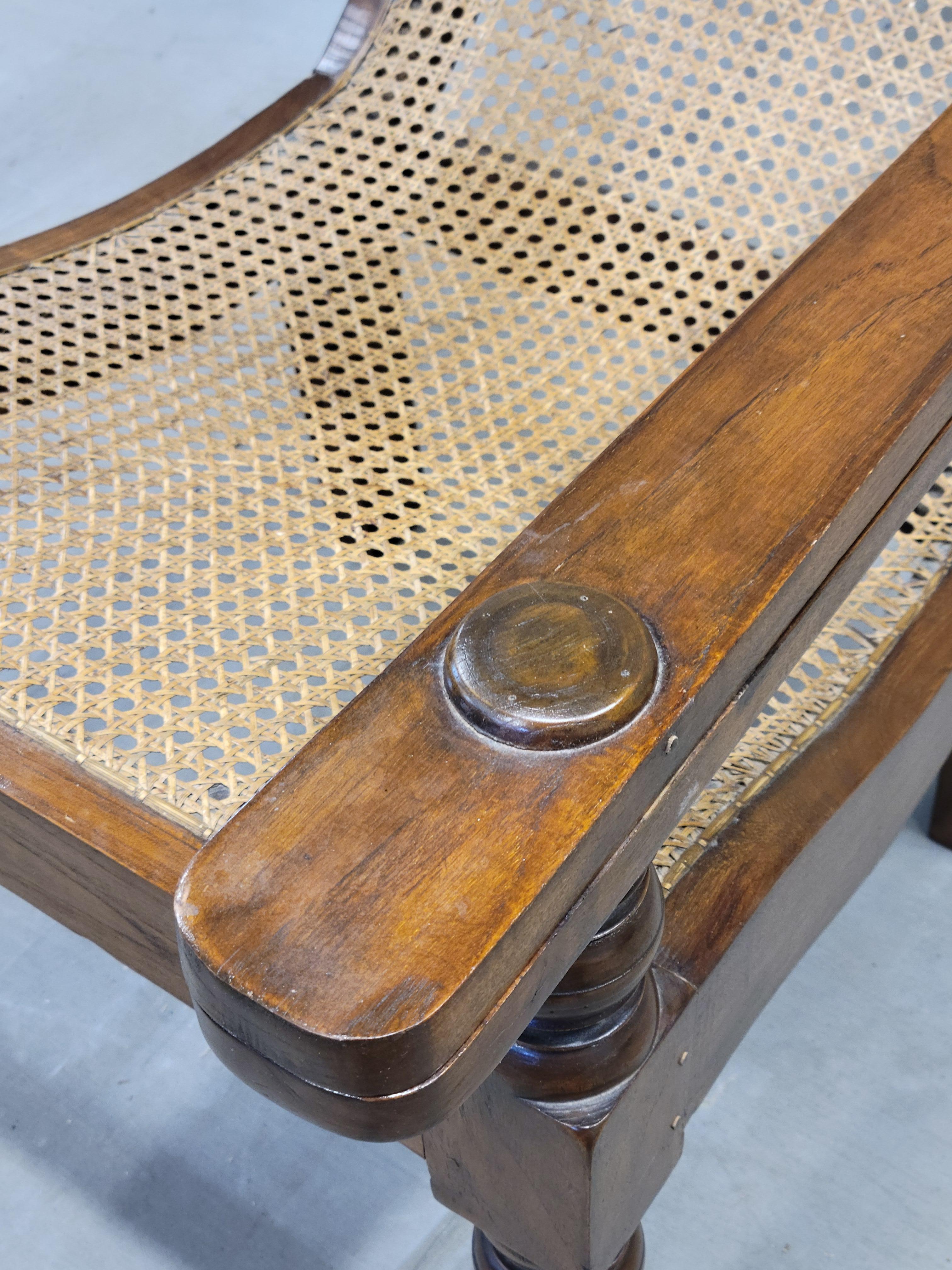 20th Century Vintage Bauer International Teak Caned Plantation Chair With Extension Armrests For Sale