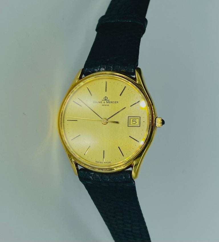 Vintage Baume & Mercier Geneve 34mm 14k Gold Date Wristwatch For Sale 1