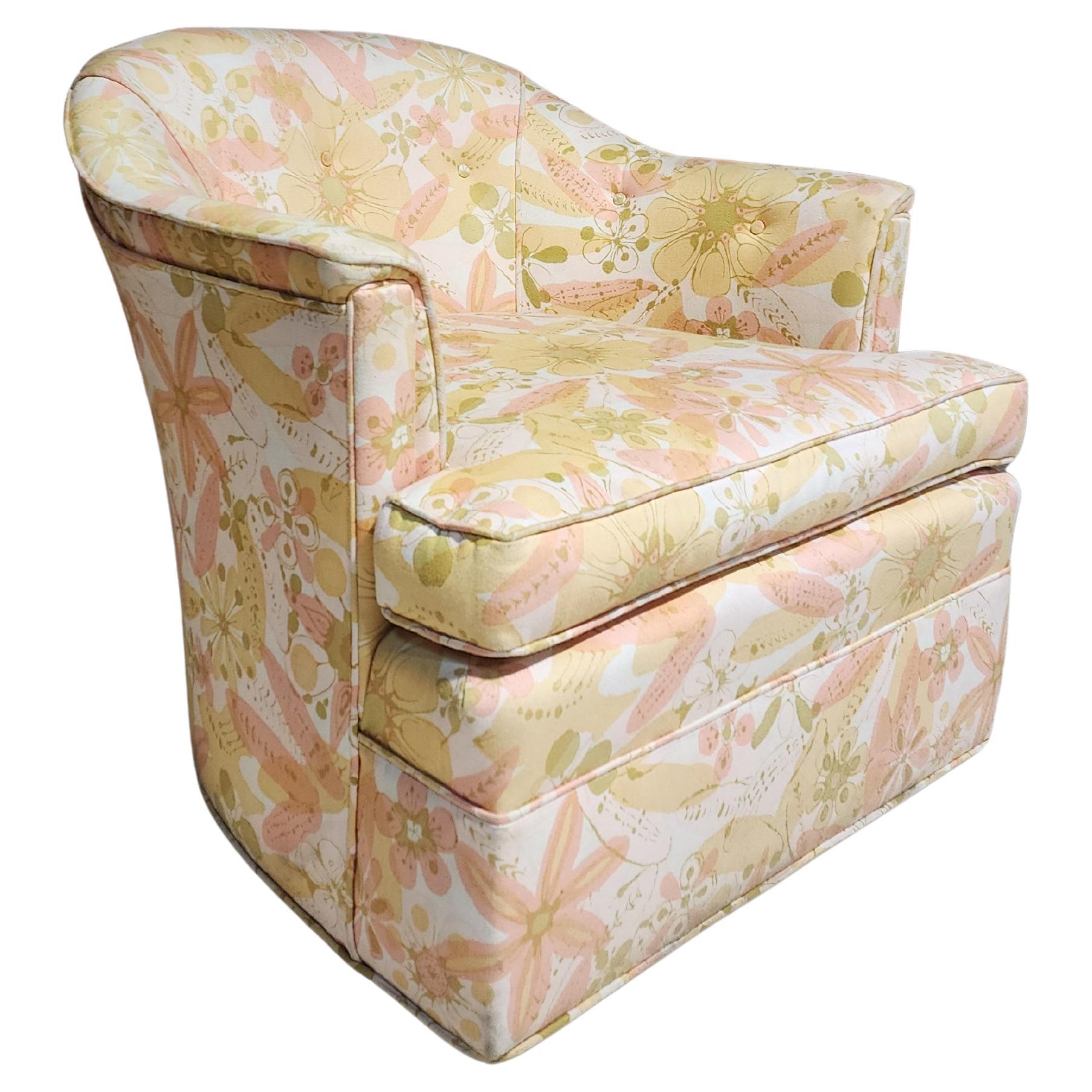 Vintage Baughman Style Floral Pattern Swivel Chair For Sale