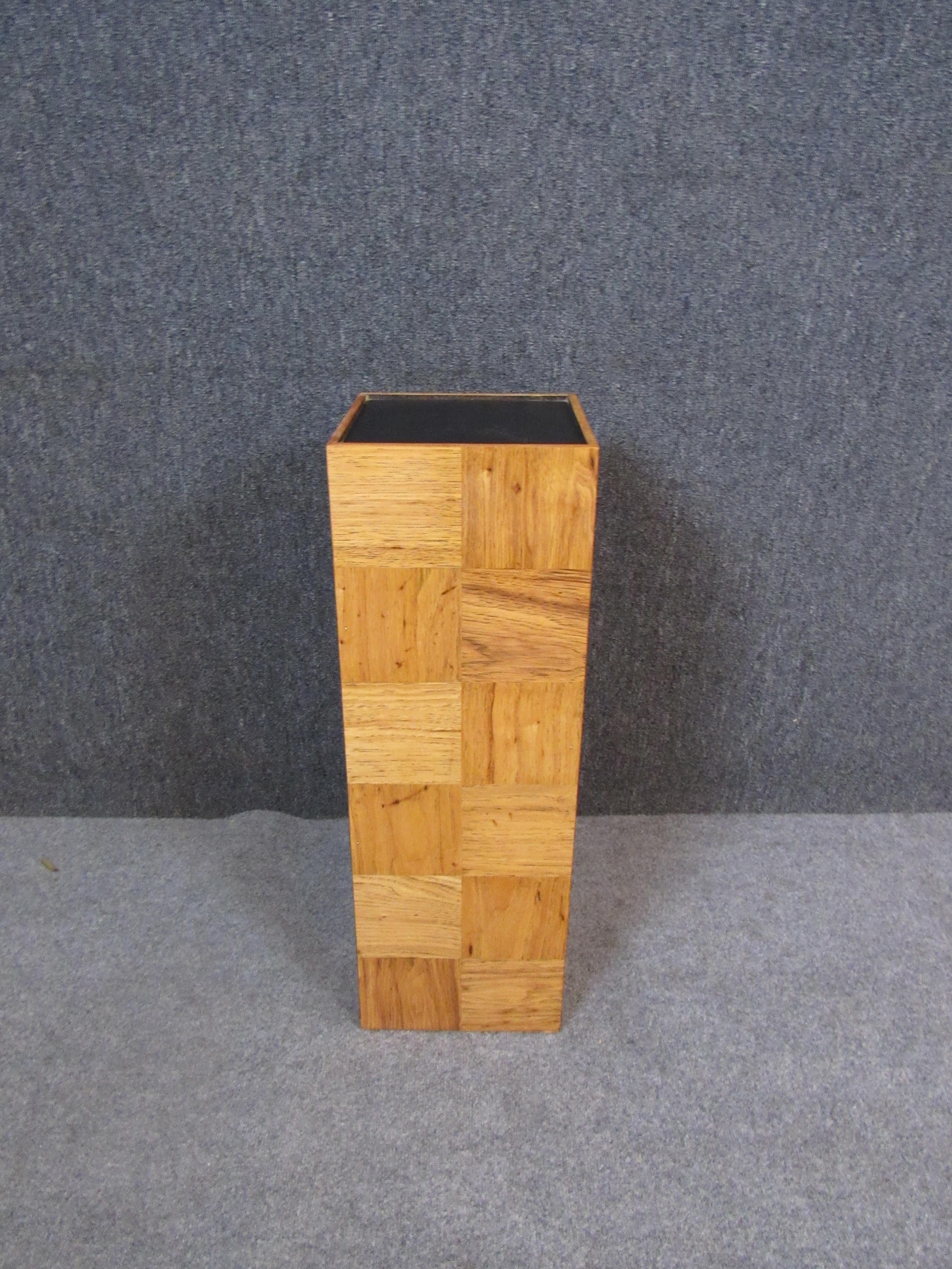 Veneer Vintage Baughman Style Patchwork Wooden Pedestal  For Sale