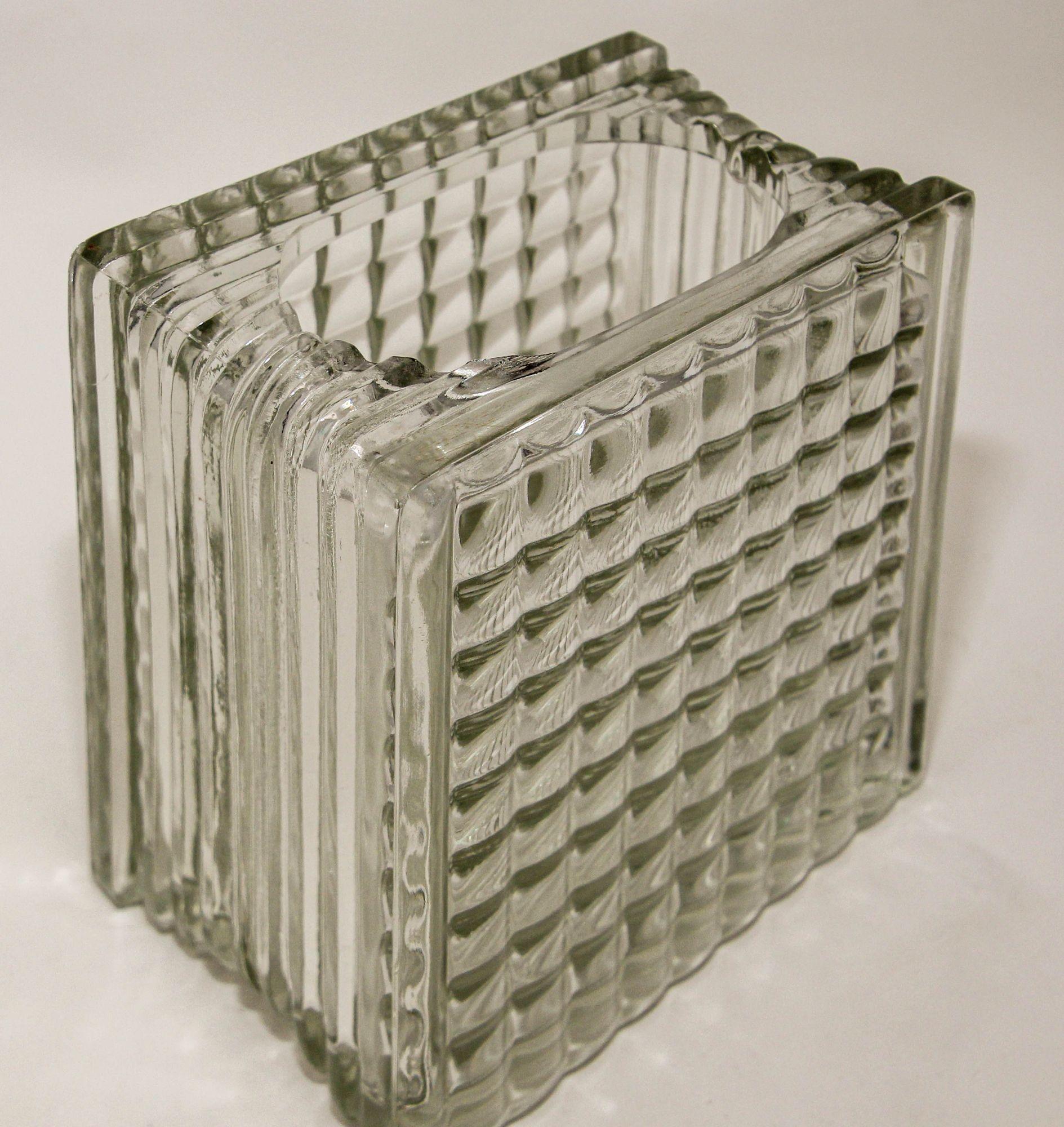 Vintage Bauhaus Art Deco Architectural Clear Patterned Glass Block Vase