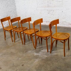 Vintage Bauhaus Beech Bentwood Dining Chairs w/Cane Seats by Thonet Set of 5