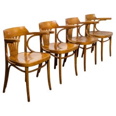 Vintage Bauhaus Beech Bentwood Thonet Style Fan Back Captains Armchairs Set of 4