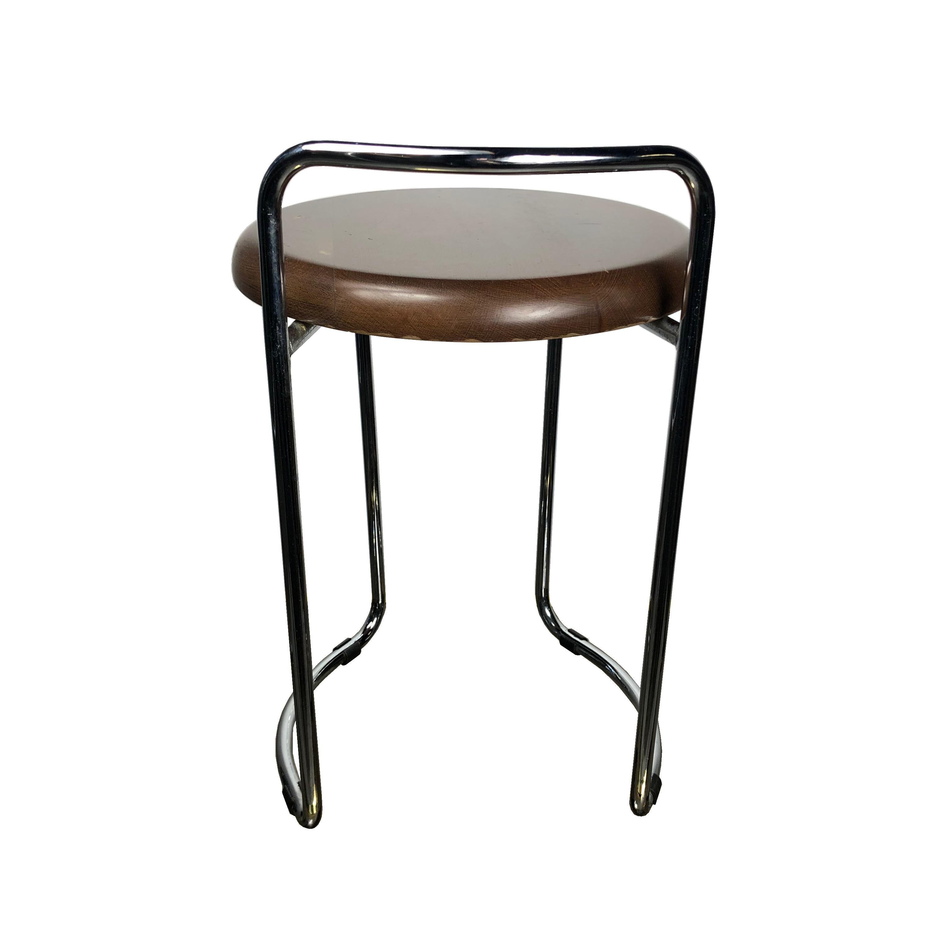 Italian Vintage Bauhaus Chrome and Wood Stool with Tubular Legs, 1960s, Italy