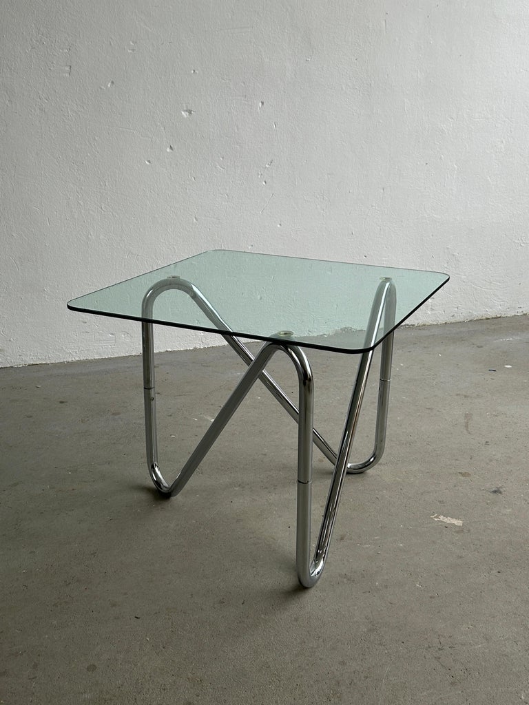 European Vintage Bauhaus Style Modernist Coffee Table, Linear Tubular Steel and Glass