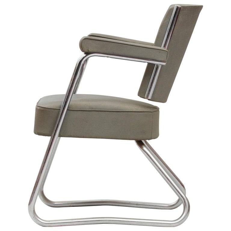 Vintage Bauhaus Tubular Chromed Steel And Green Vinyl Desk Chair