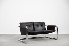 Rare Vintage Brutalist Bauhaus Tubular Metal & Dark Leather Sofa, 1950s