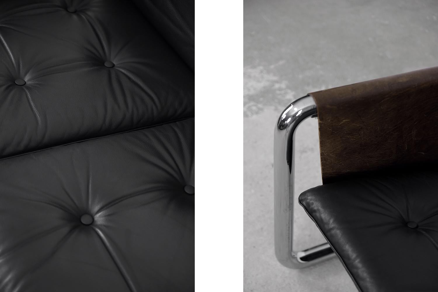 Seltenes brutalistisches Bauhaus-Sofa aus Metallrohr und dunklem Leder im Vintage-Stil, 1950er Jahre im Zustand „Gut“ im Angebot in Warszawa, Mazowieckie