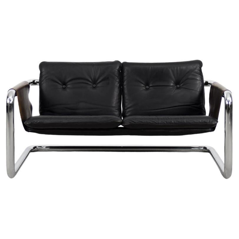 Seltenes brutalistisches Bauhaus-Sofa aus Metallrohr und dunklem Leder im Vintage-Stil, 1950er Jahre