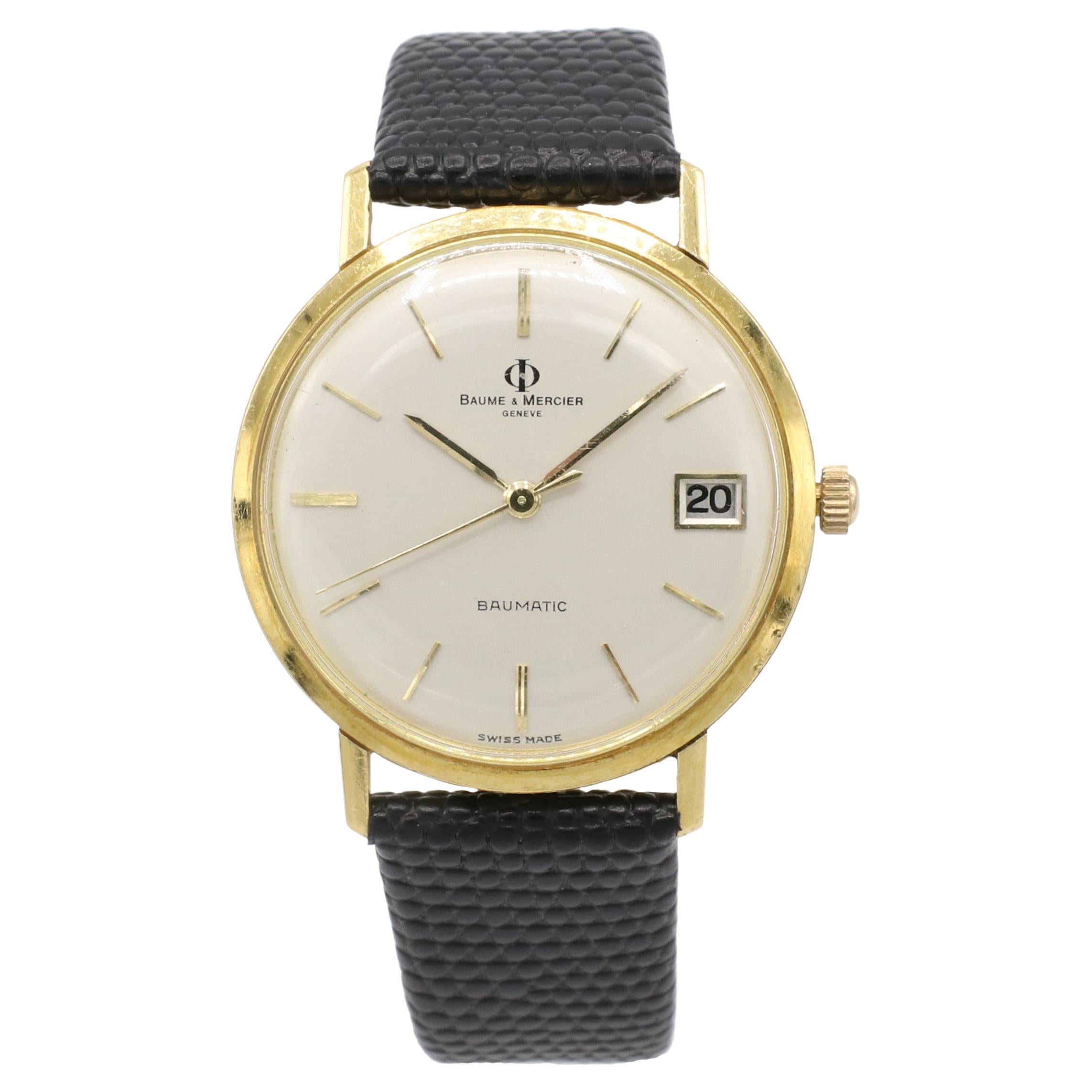 Vintage Baume & Mercier Baumatic  18 Karat Yellow Gold Leather Strap Wrist Watch