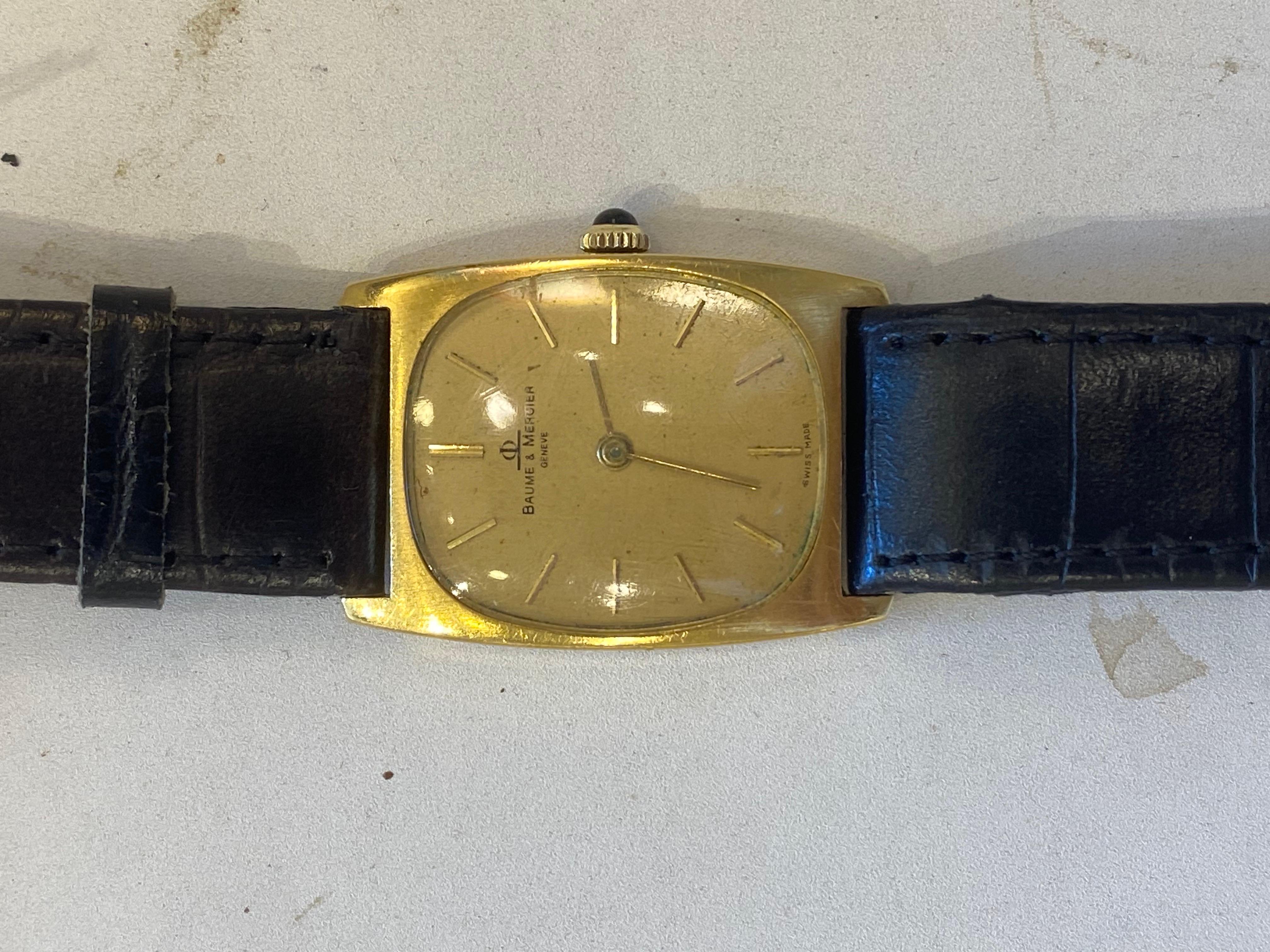 Women's or Men's Vintage Baume & Mercier Gold-Plated Tonneau Watch with Black Leather Strap For Sale