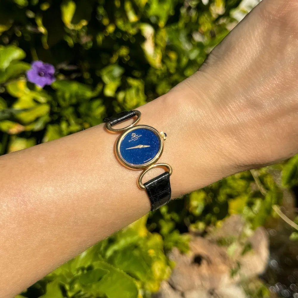 Modernist Vintage BAUME & MERCIER Lapis Lazuli Manuel Wind Gold Wristwatch For Sale