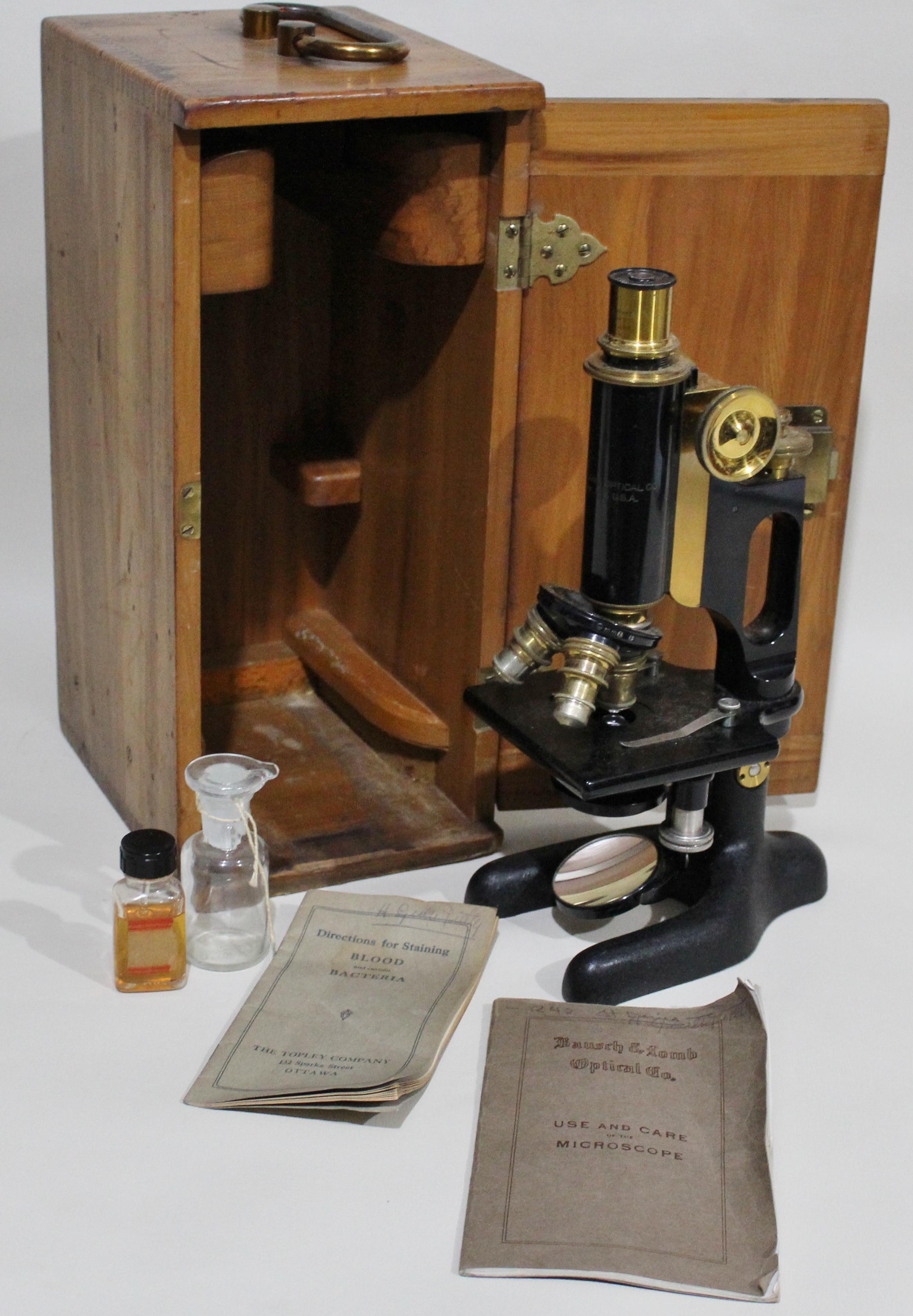 Machine Age Bausch & Lomb Brass Monocular Scientific Microscope and Wood Case