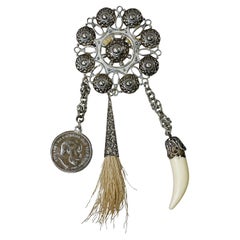 Vintage Bavarian Traditional Costume Jewelry Brooch with Hunting Pendants