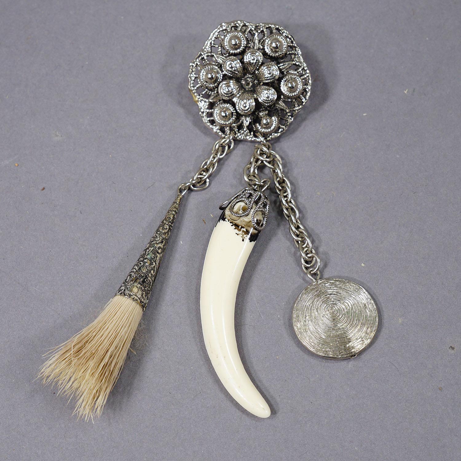 Folk Art Vintage Bavarian Traditional Costume Jewelry Pin with Hunting Pendants